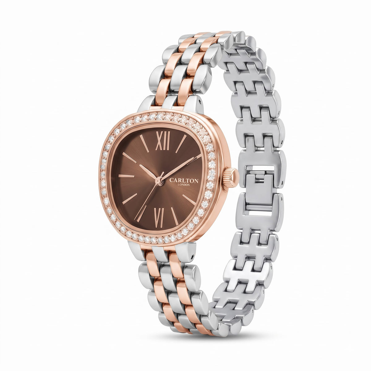 Carlton London Maisie Women’s Watch - Brown Rectangle Dial, Dual Tone Stainless Steel Strap - MSDTBRN