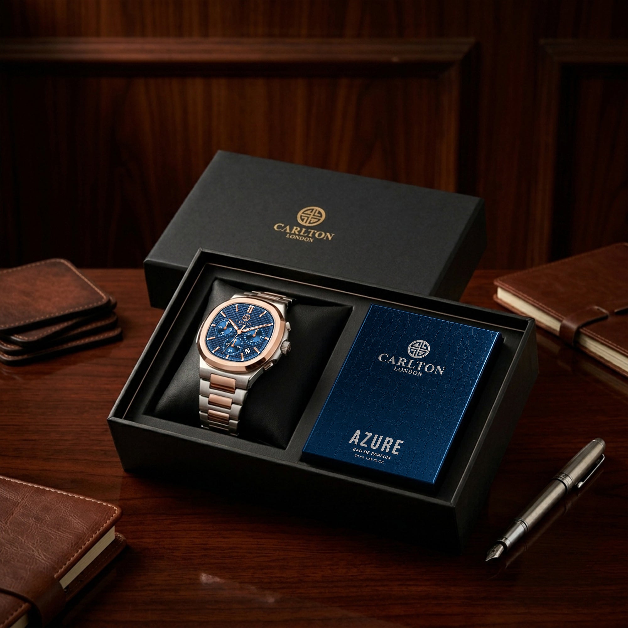 Carlton London Parker Men’s Gift Set – Blue Dial Watch with Azure Perfume 50ml, Silver Strap – CLPLG143