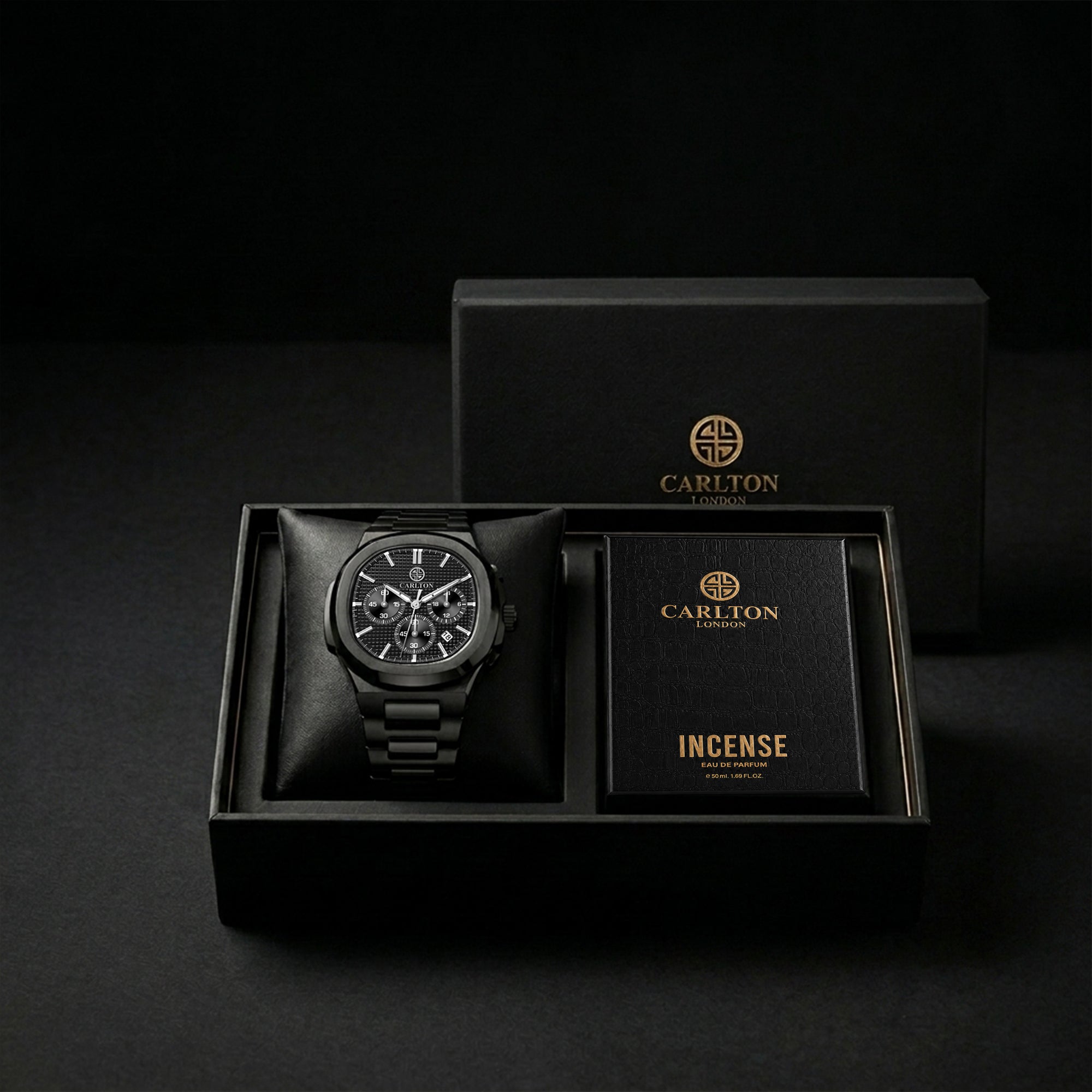 Carlton London Parker Men’s Gift Set – Black Chronograph Watch with Incense Perfume 50ml, Black Strap – CLPLG144