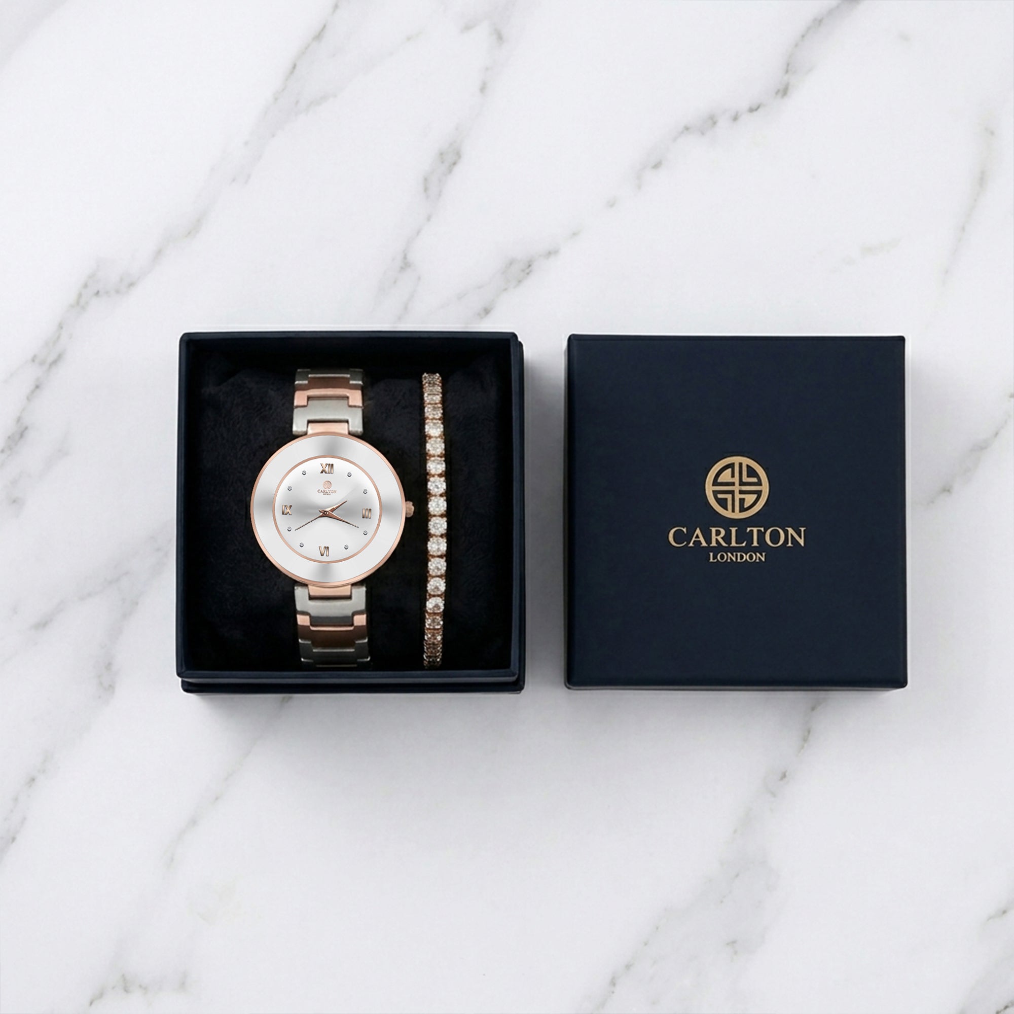 Carlton London Juliette Women’s Gift Set – Silver Dial Watch with Tennis Bracelet, Two Tone – CLPLG141