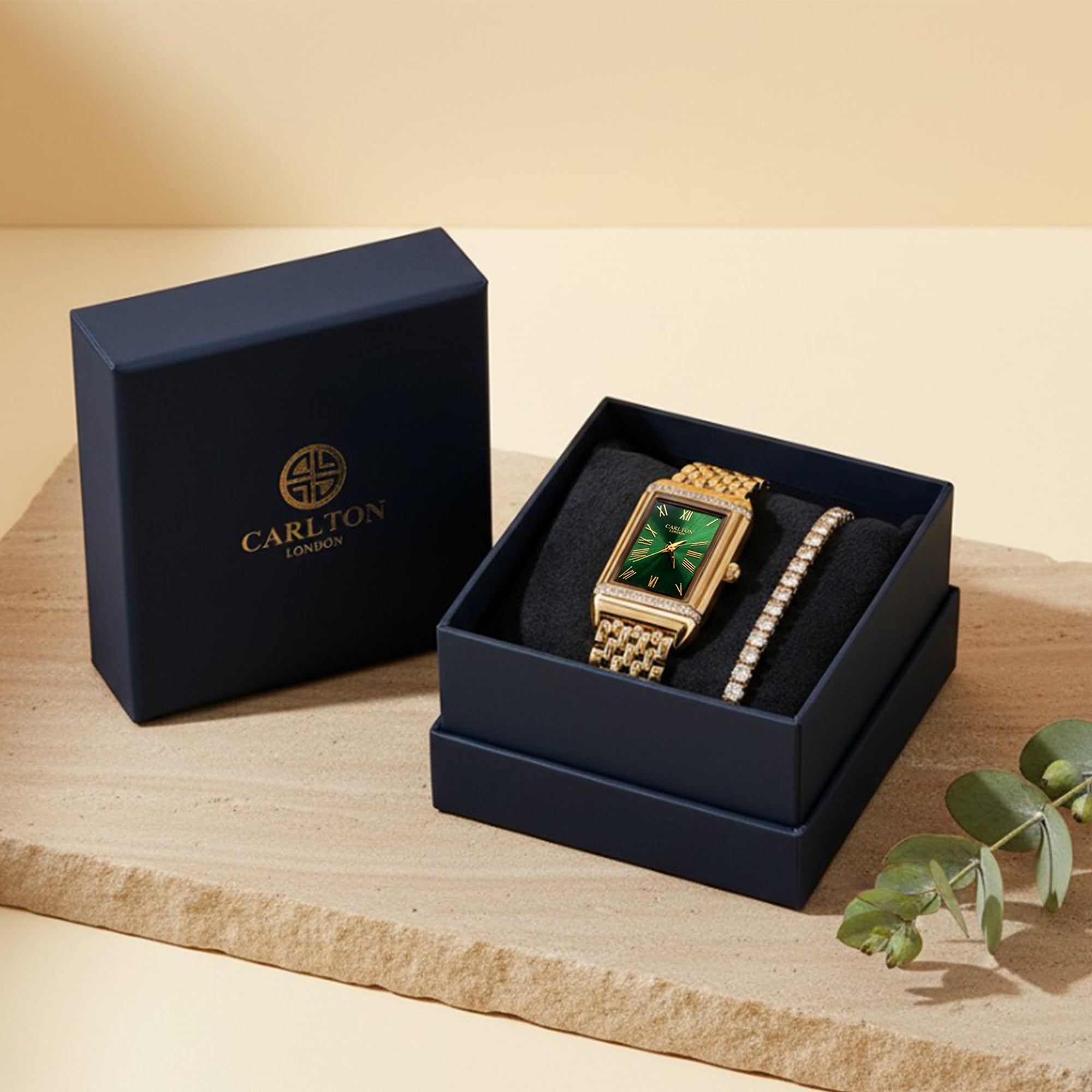Carlton London Amara Women’s Gift Set – Emerald Green Dial Watch with Tennis Bracelet, Gold Tone – CLPLG127