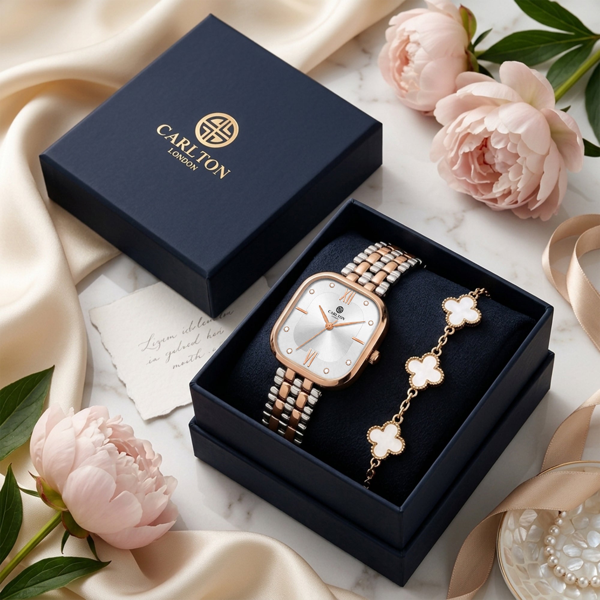 Carlton London Chelsea Women’s Gift Set – Silver Dial Watch with White Leaf Bracelet, Two Tone – CLPLG135