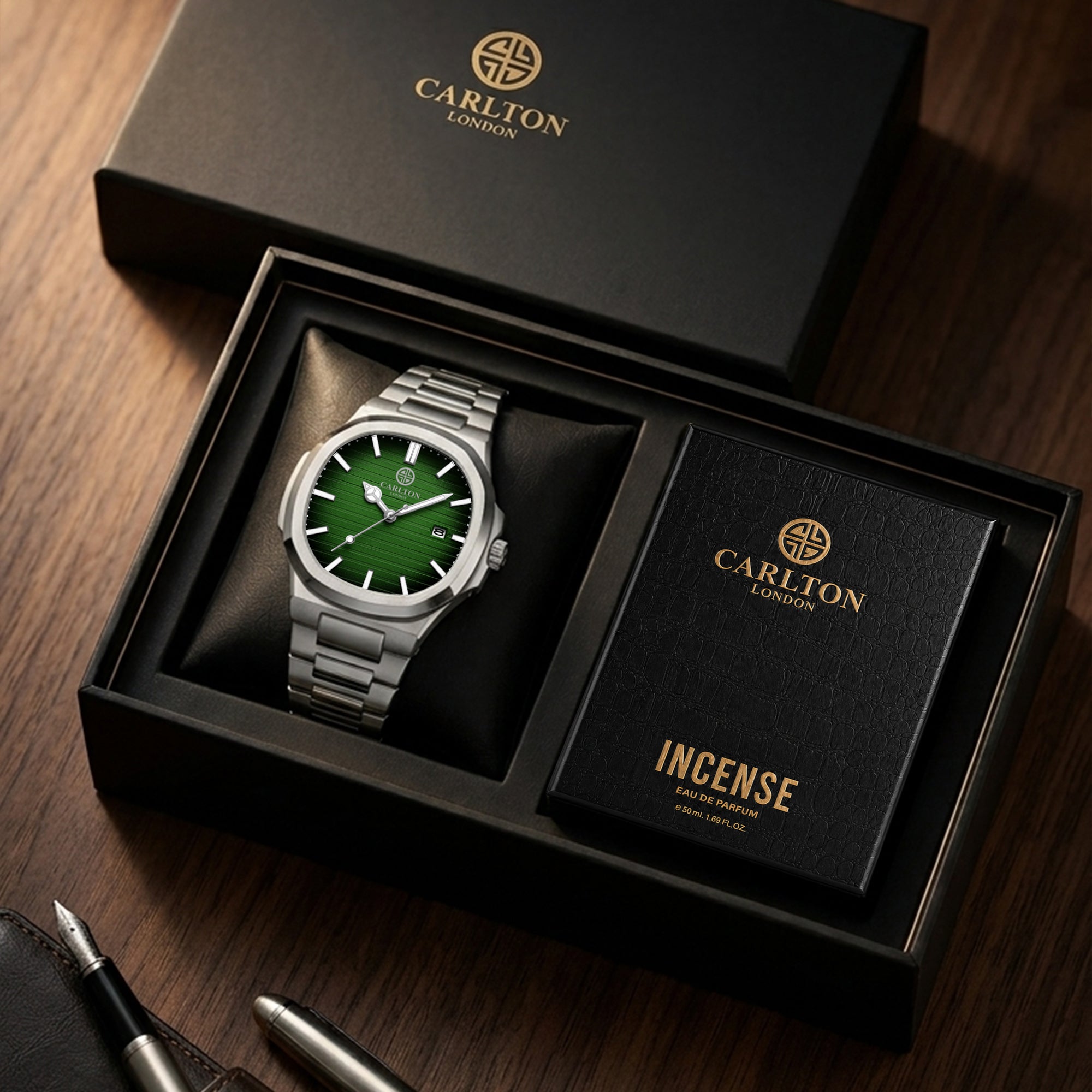 Carlton London Arthur Men’s Gift Set – Teal Dial Watch with Incense Perfume 50ml, Silver Strap – CLPLG129