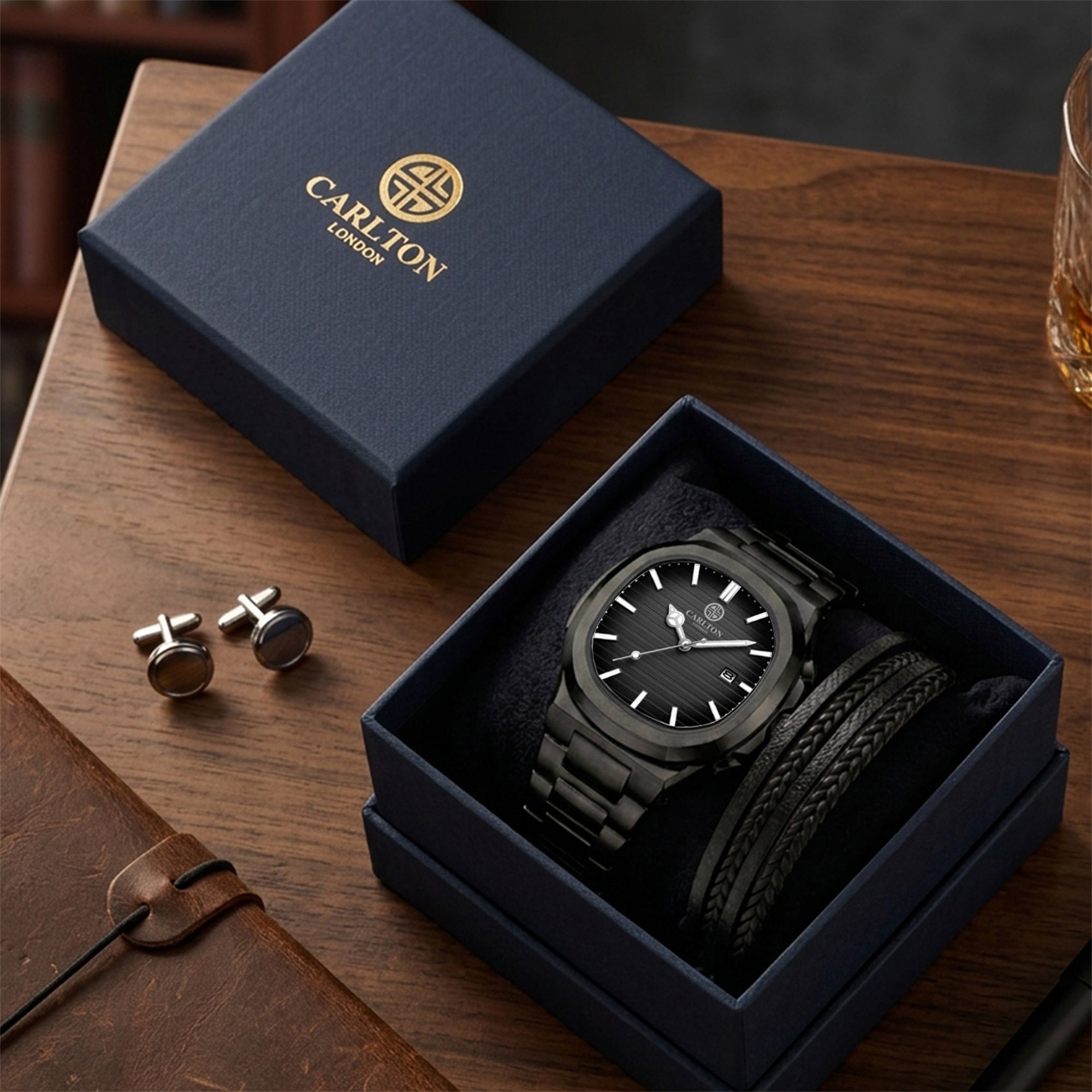 Carlton London Arthur Men’s Gift Set – Teal Dial Watch with Leather Multi-Strap Bracelet, Silver Strap – CLPLG130