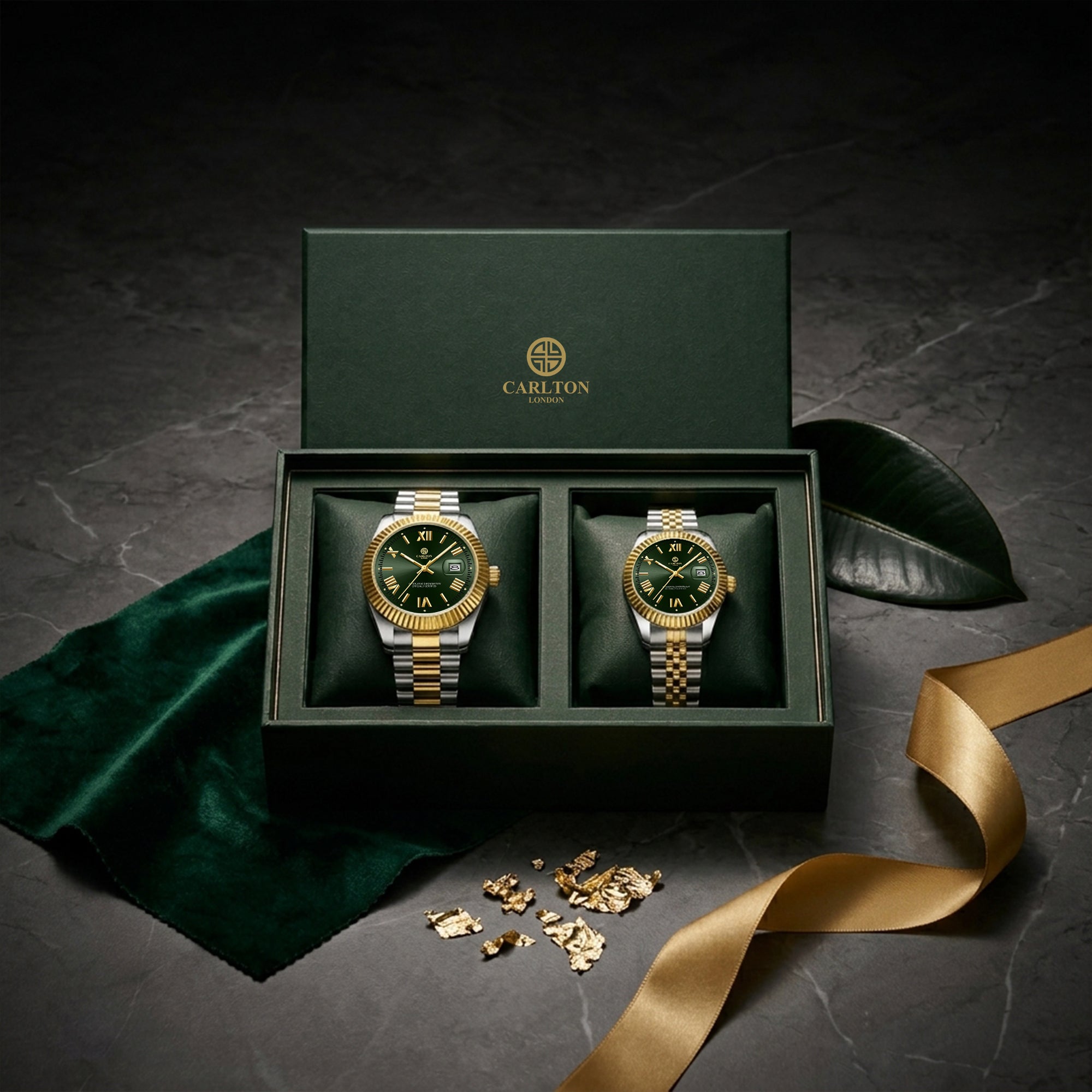 Carlton London Charles & Harper Couple Watch Gift Set – Green Dial His & Hers Watches, Two Tone – CLPLG134