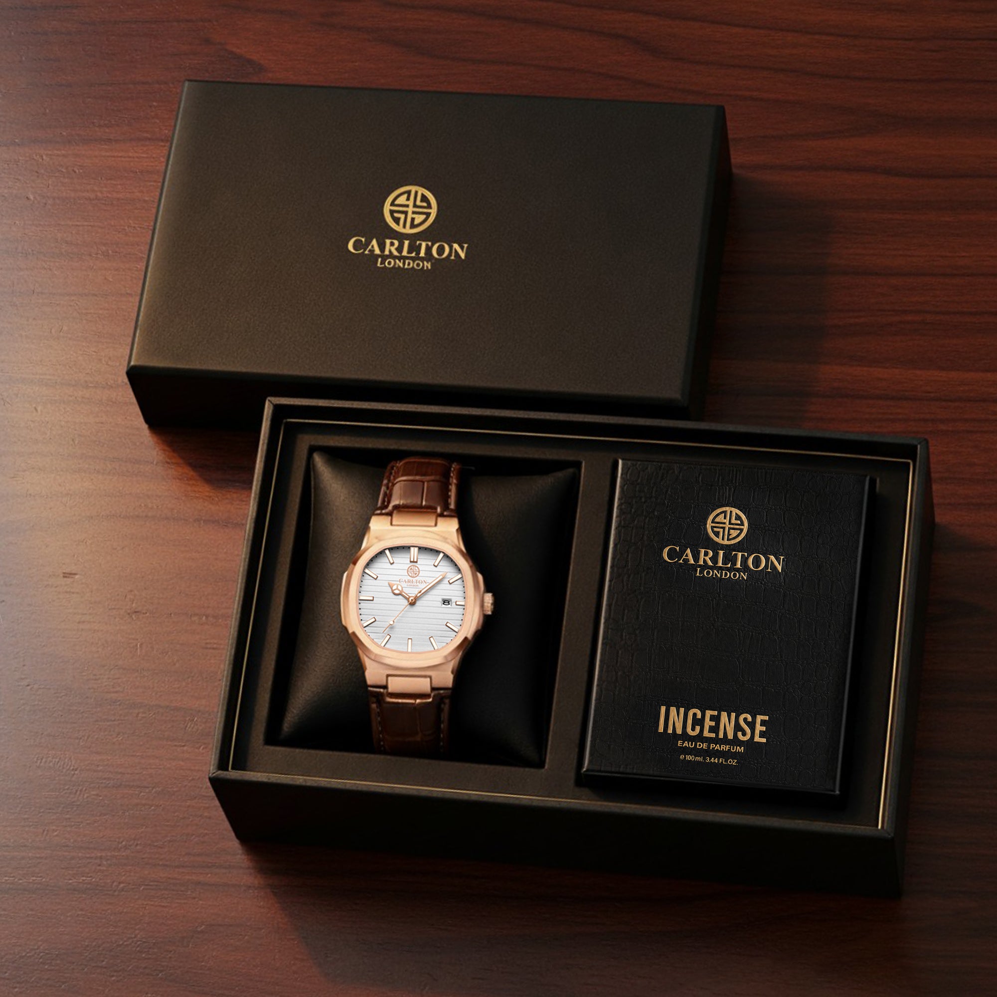 Carlton London Charles Men’s Gift Set – White Dial Watch with Incense Perfume 50ml, Brown Leather Strap – CLPLG125
