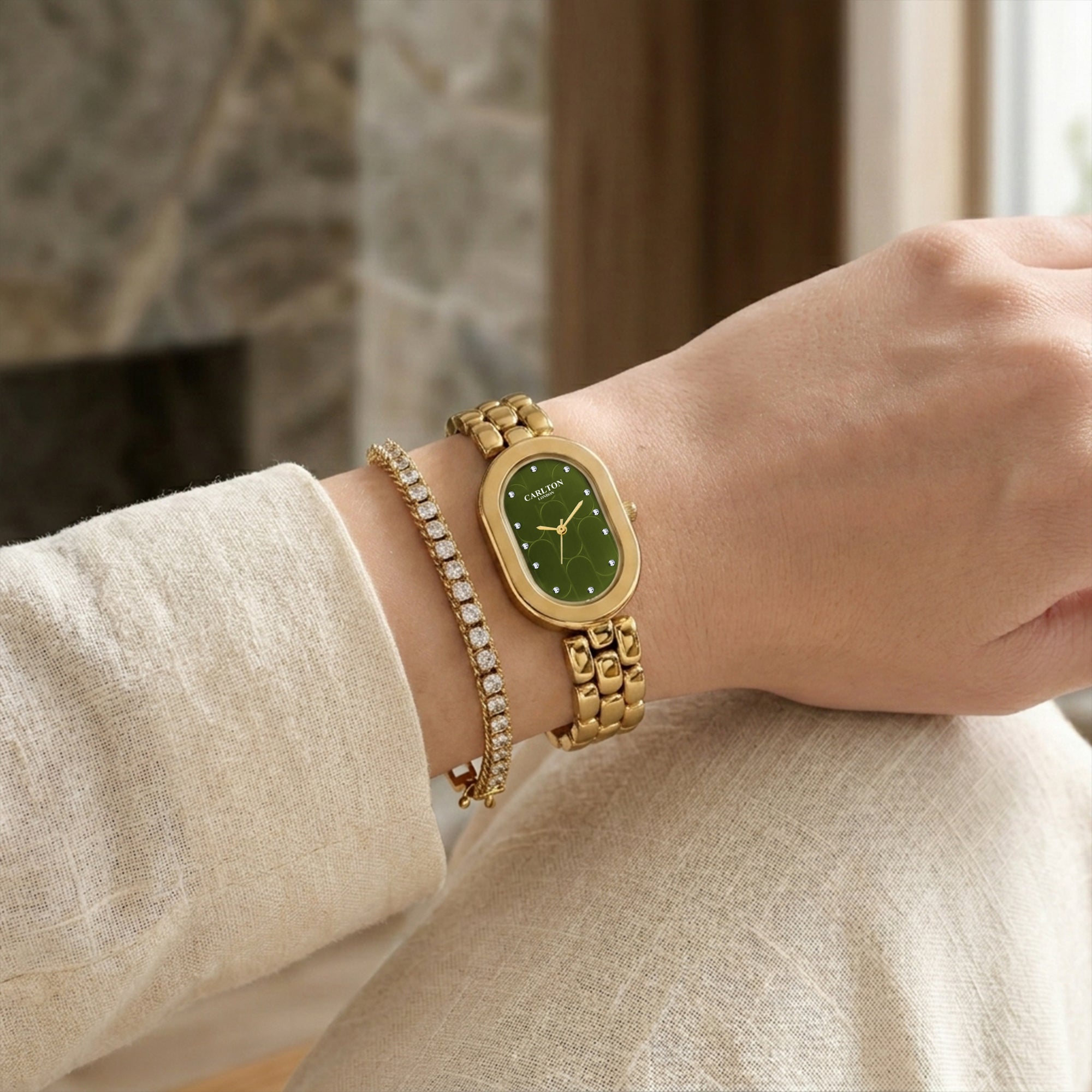 Carlton London Cecil Women’s Gift Set – Olive Green Oval Dial Watch with Tennis Bracelet, Gold Strap – CLPLG132
