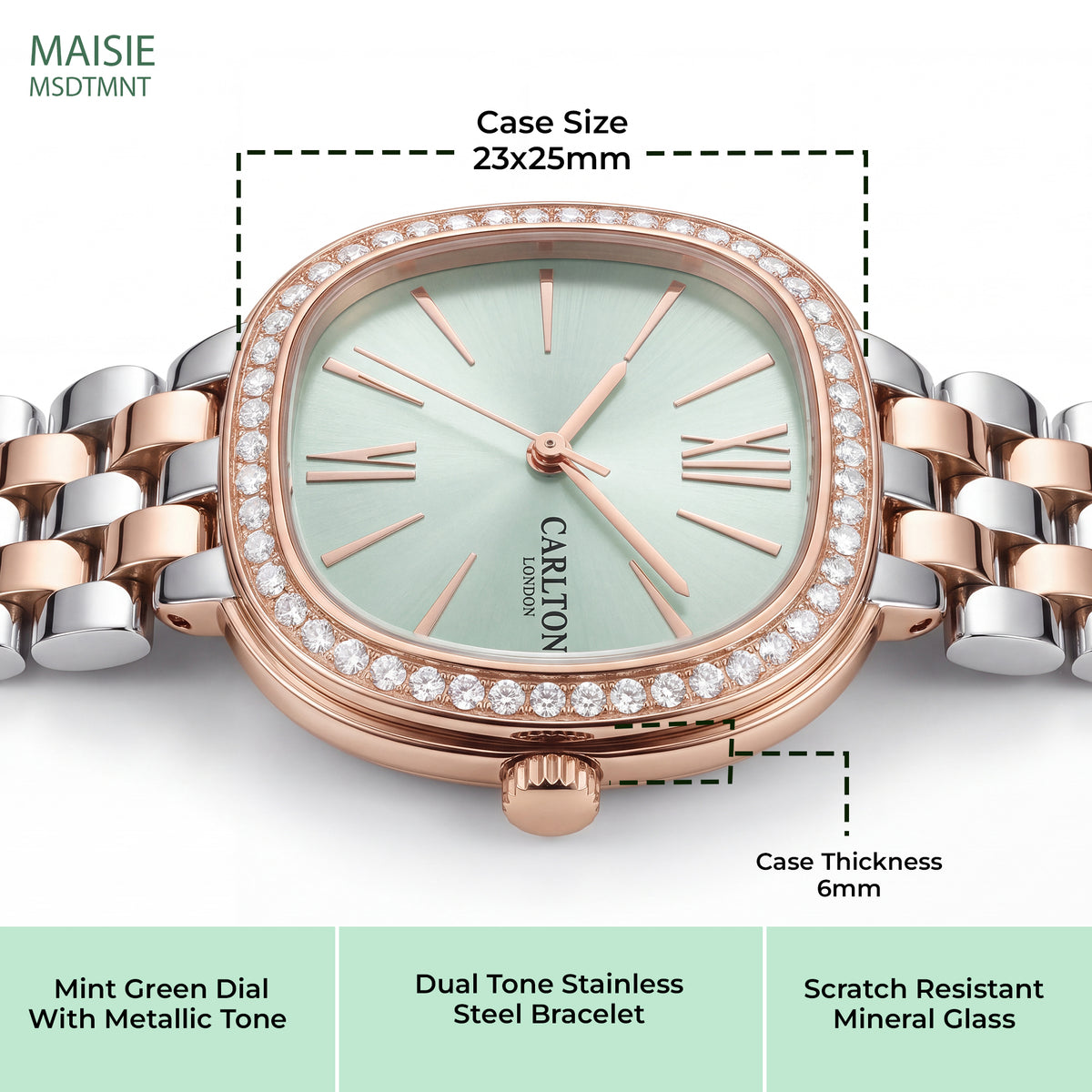 Carlton London Maisie Women’s Watch - Mint Green Rectangle Dial, Dual Tone Stainless Steel Strap - MSDTMNT