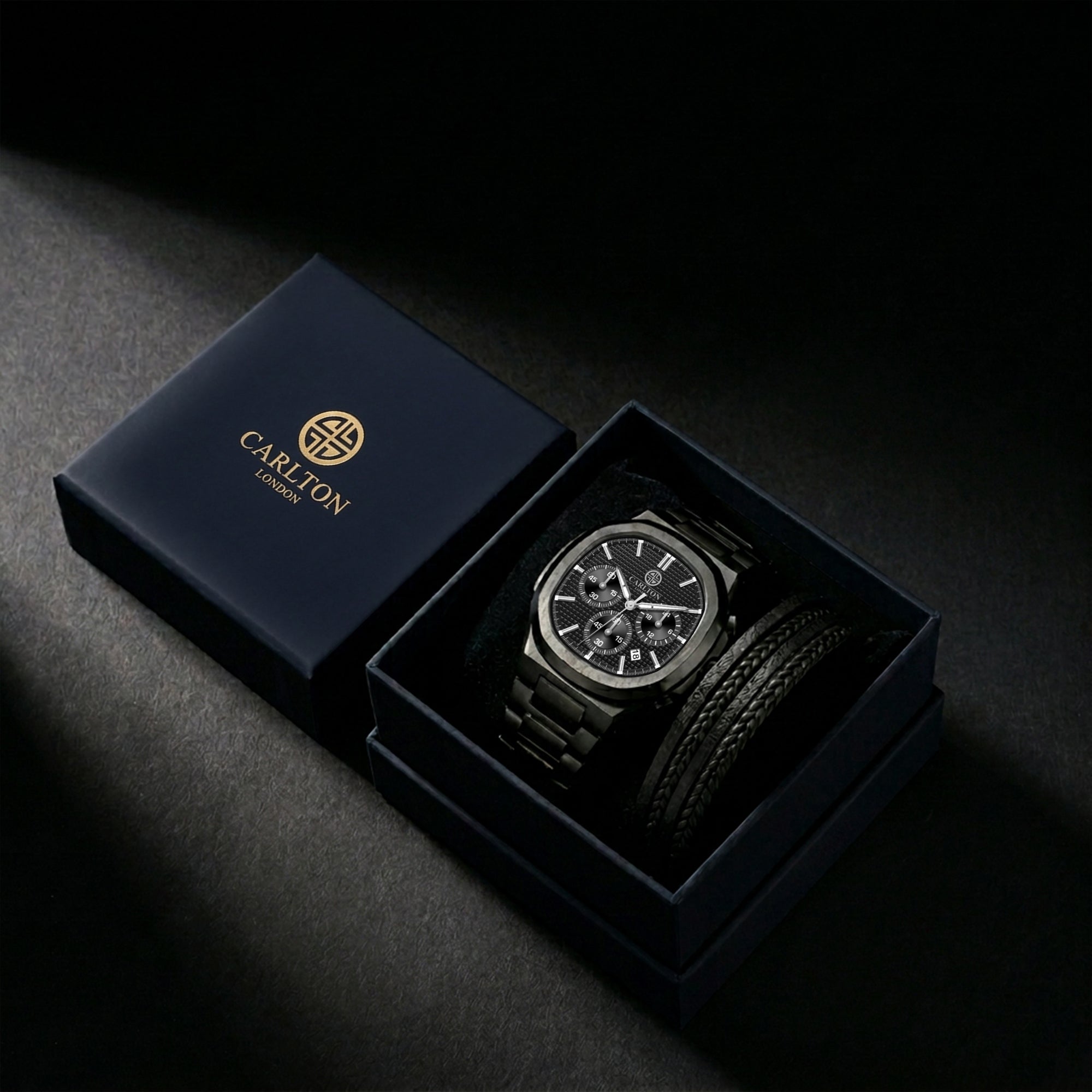 Carlton London Parker Men’s Gift Set – Black Chronograph Watch with Leather Multi-Strap Bracelet – CLPLG142