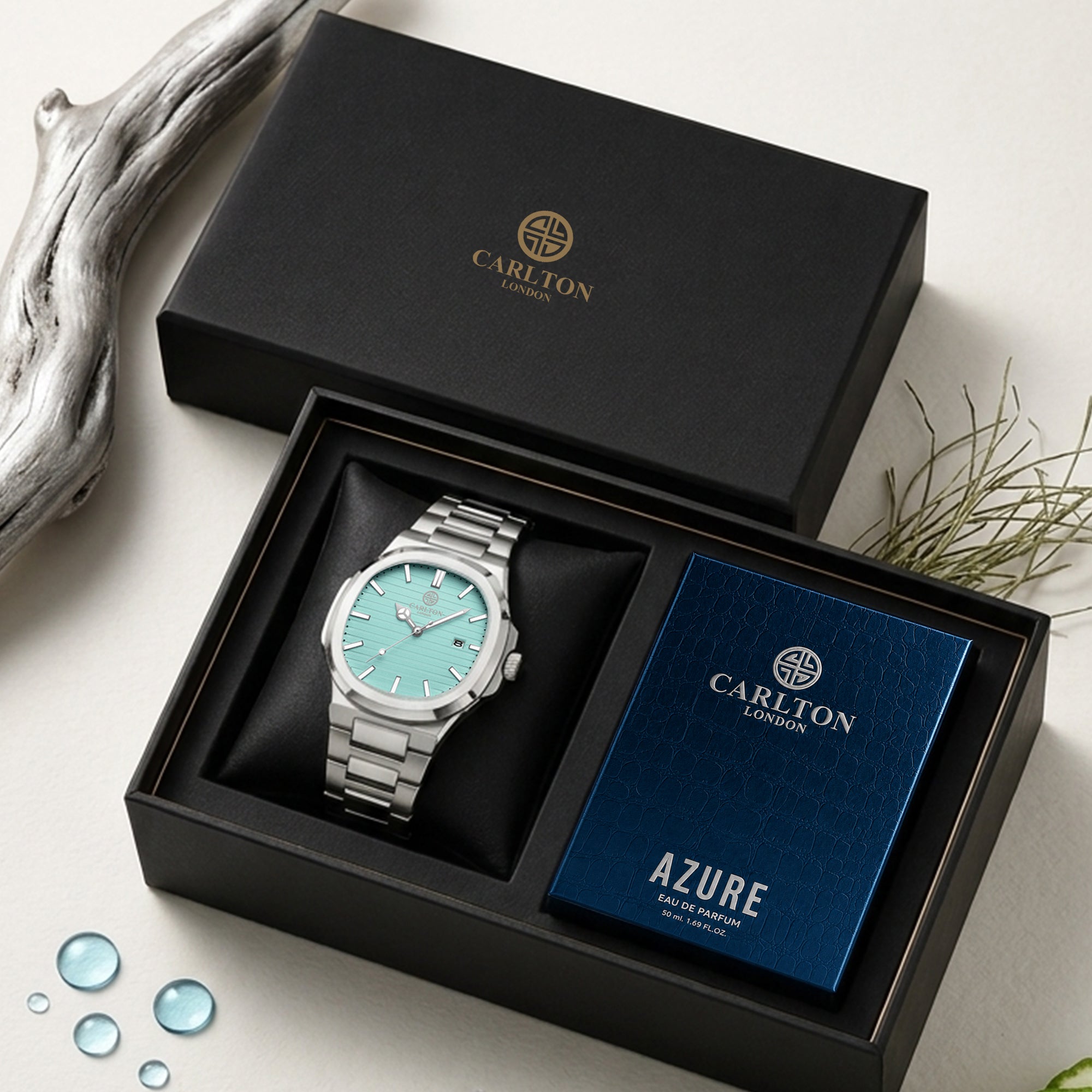 Carlton London Arthur Men’s Gift Set – Teal Dial Watch with Azure Perfume 50ml, Silver Strap – CLPLG128