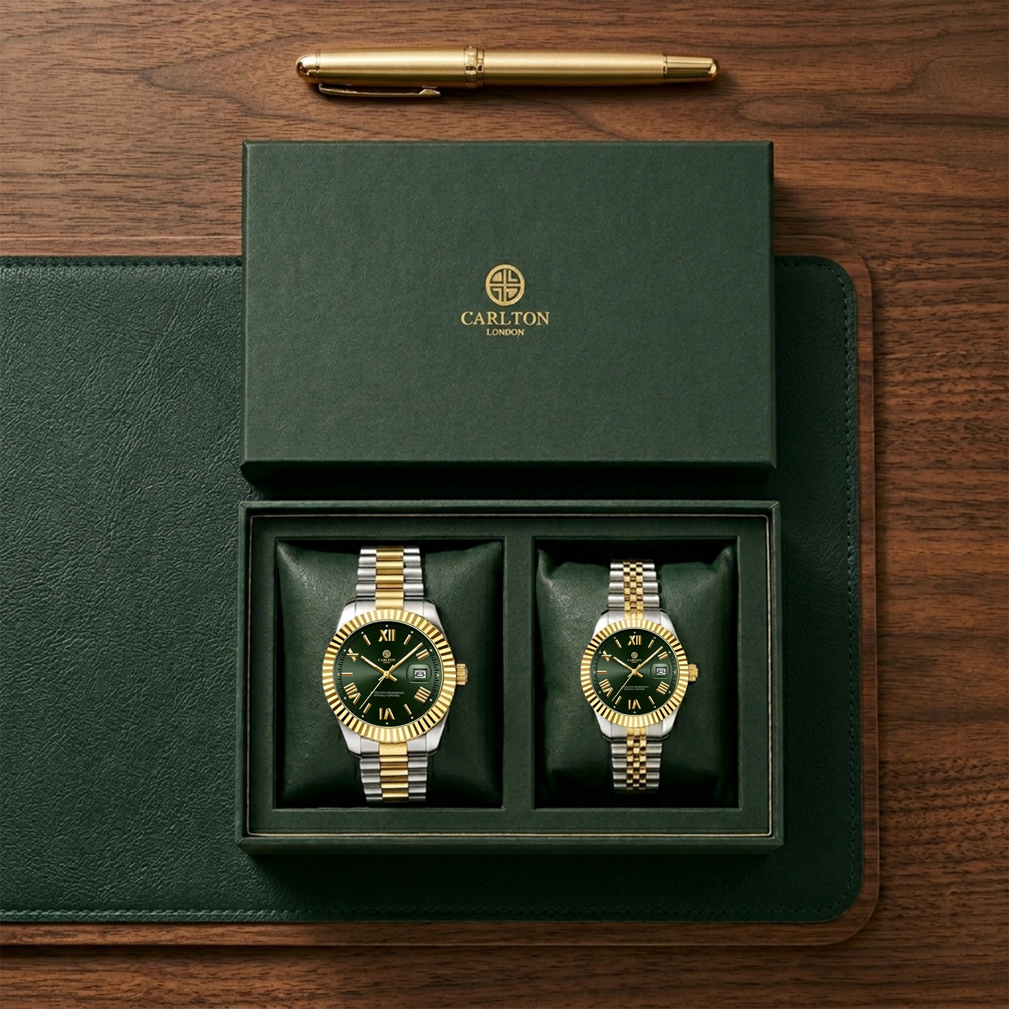 Carlton London Charles & Harper Couple Watch Gift Set – Green Dial His & Hers Watches, Two Tone – CLPLG134