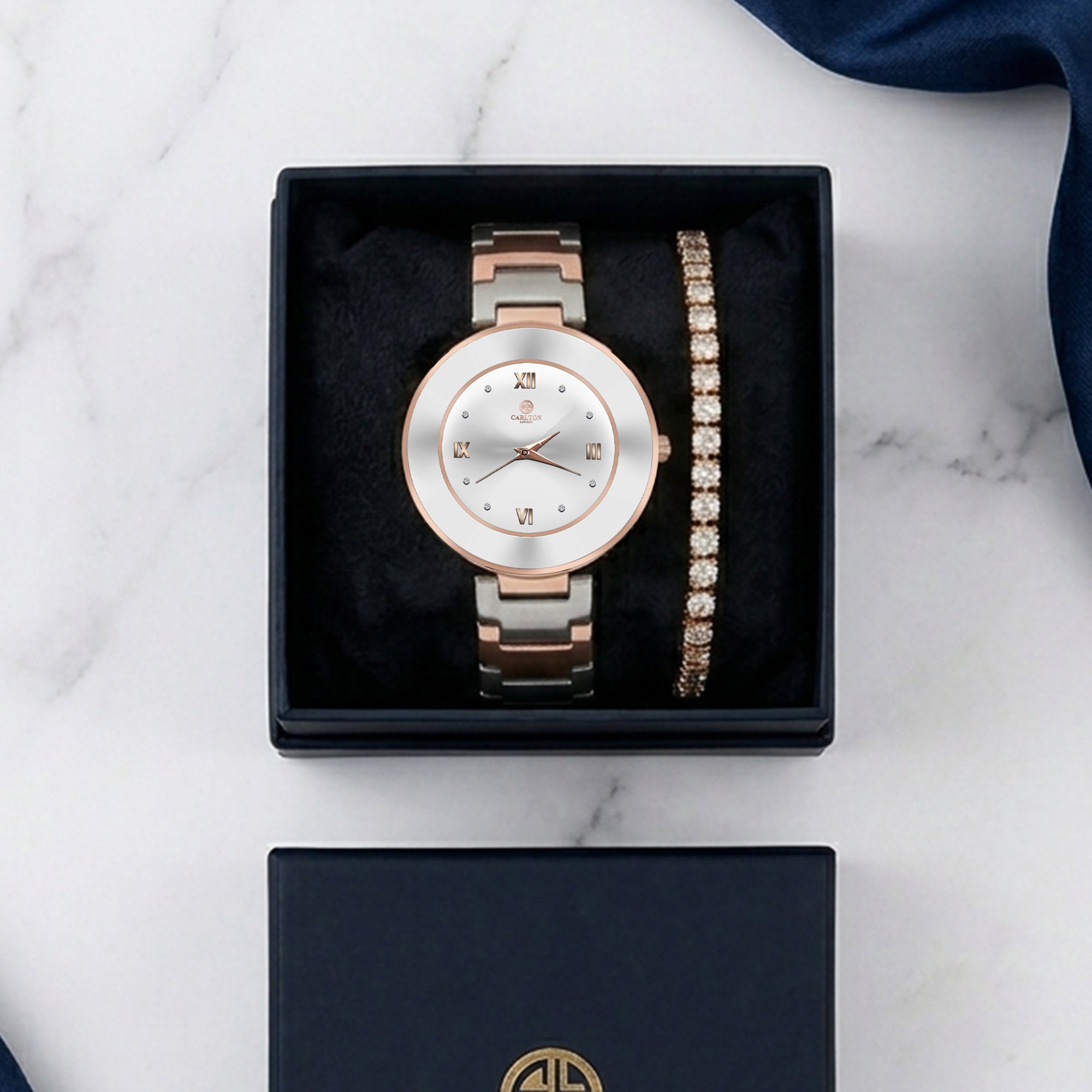 Carlton London Juliette Women’s Gift Set – Silver Dial Watch with Tennis Bracelet, Two Tone – CLPLG141