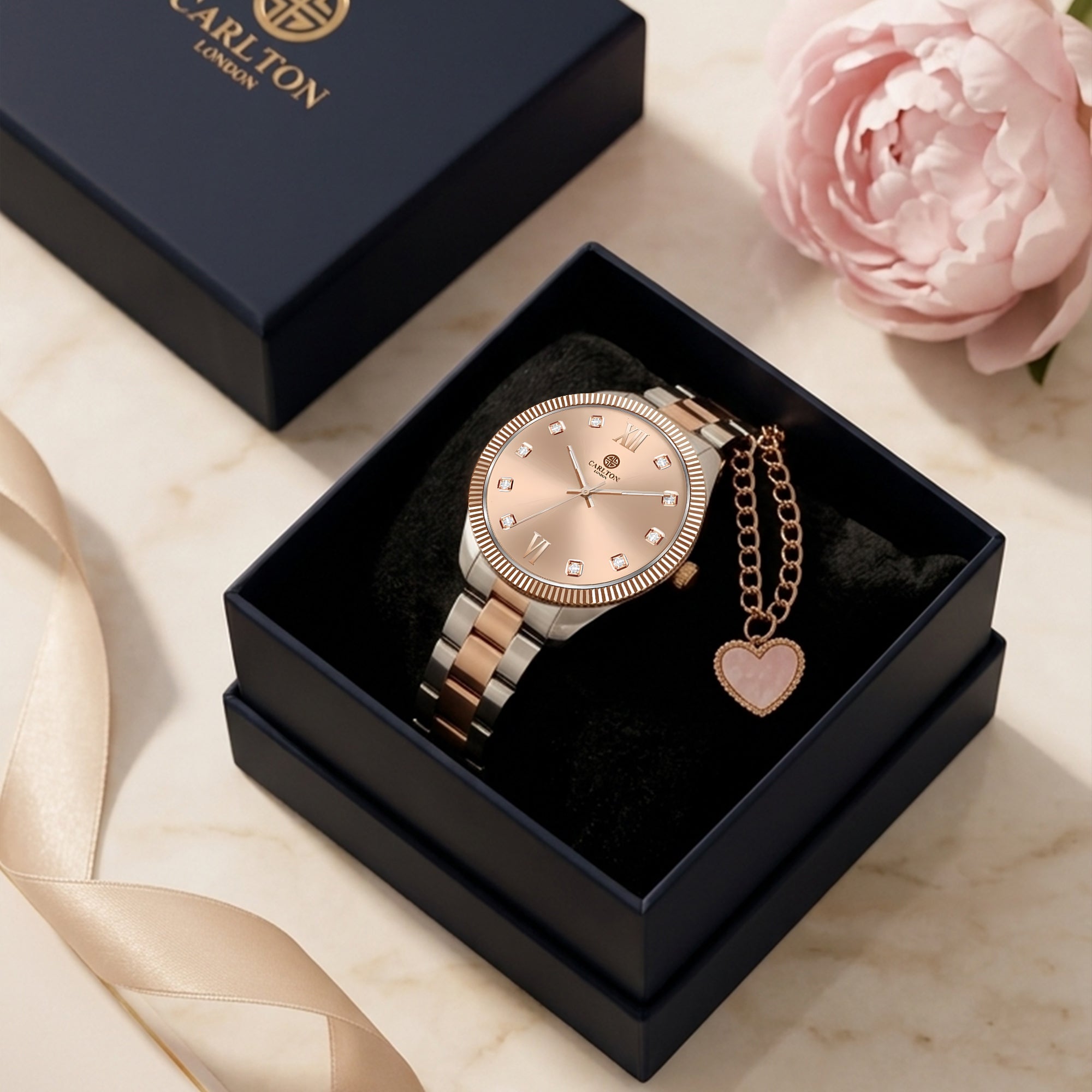 Carlton London Harper Vintage Women’s Gift Set – Rose Gold Dial Watch with Heart Charm Bracelet, Two Tone – CLPLG138