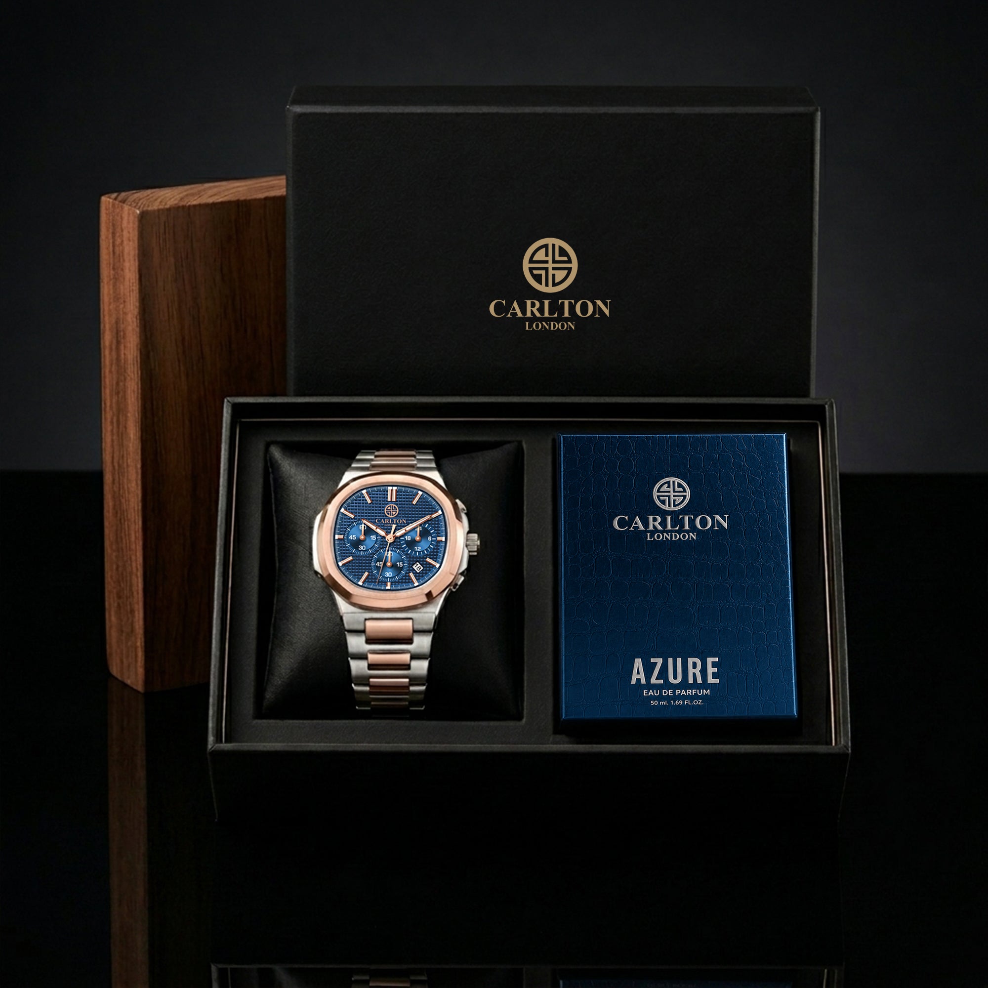 Carlton London Parker Men’s Gift Set – Blue Dial Watch with Azure Perfume 50ml, Silver Strap – CLPLG143