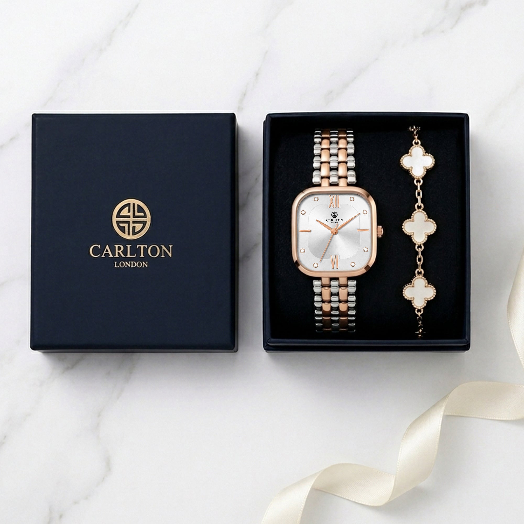 Carlton London Chelsea Women’s Gift Set – Silver Dial Watch with White Leaf Bracelet, Two Tone – CLPLG135