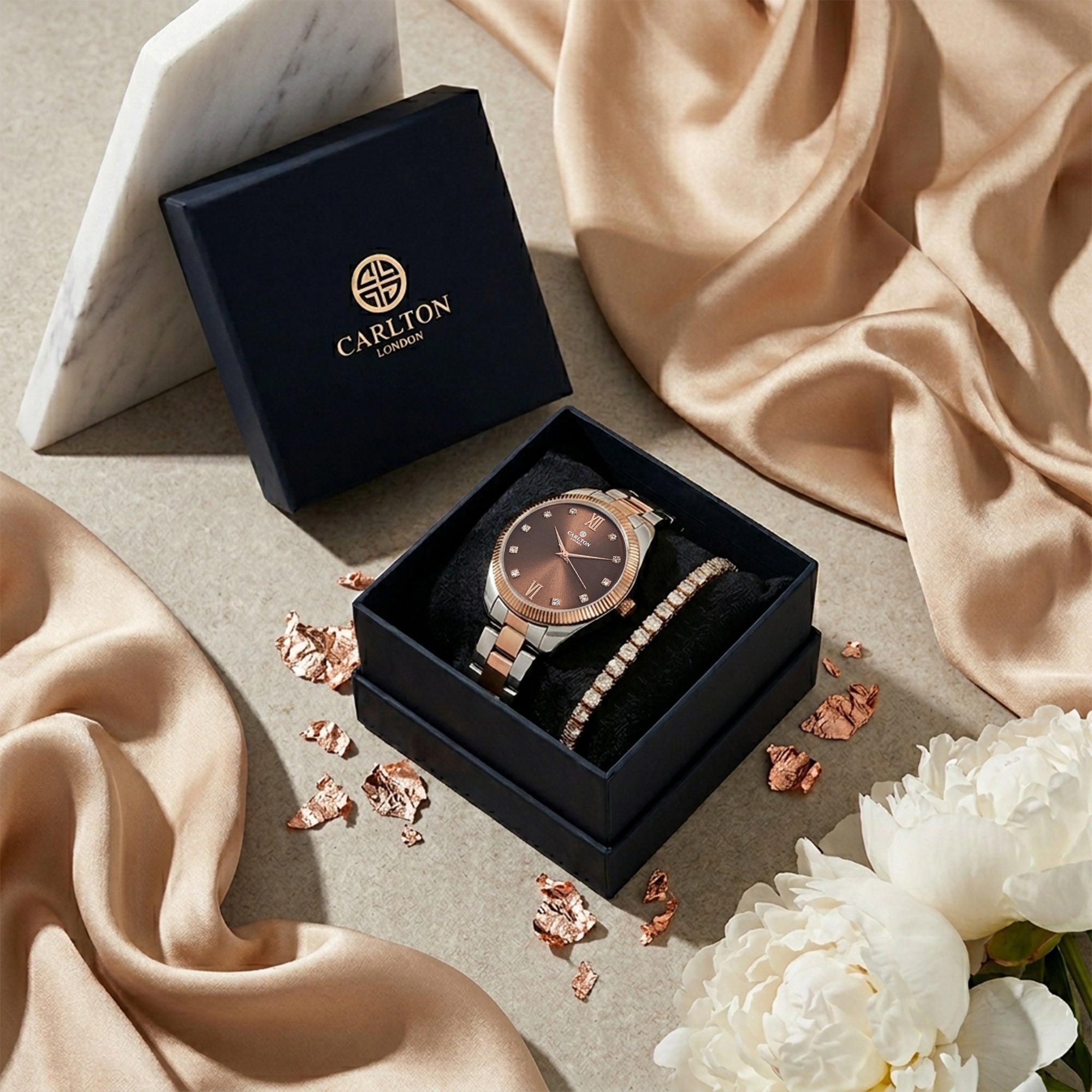 Carlton London Harper Vintage Women’s Gift Set – Brown Dial Watch with Tennis Bracelet, Two Tone – CLPLG140