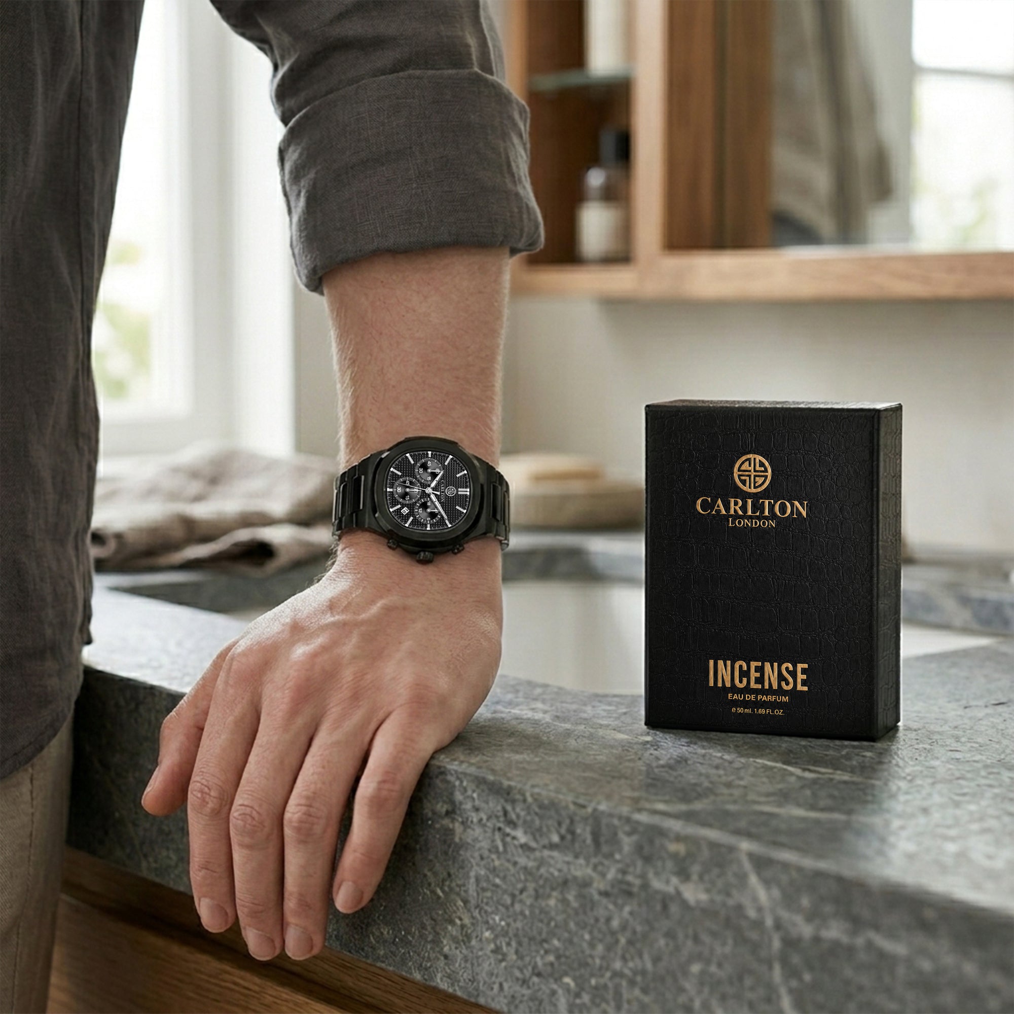 Carlton London Parker Men’s Gift Set – Black Chronograph Watch with Incense Perfume 50ml, Black Strap – CLPLG144