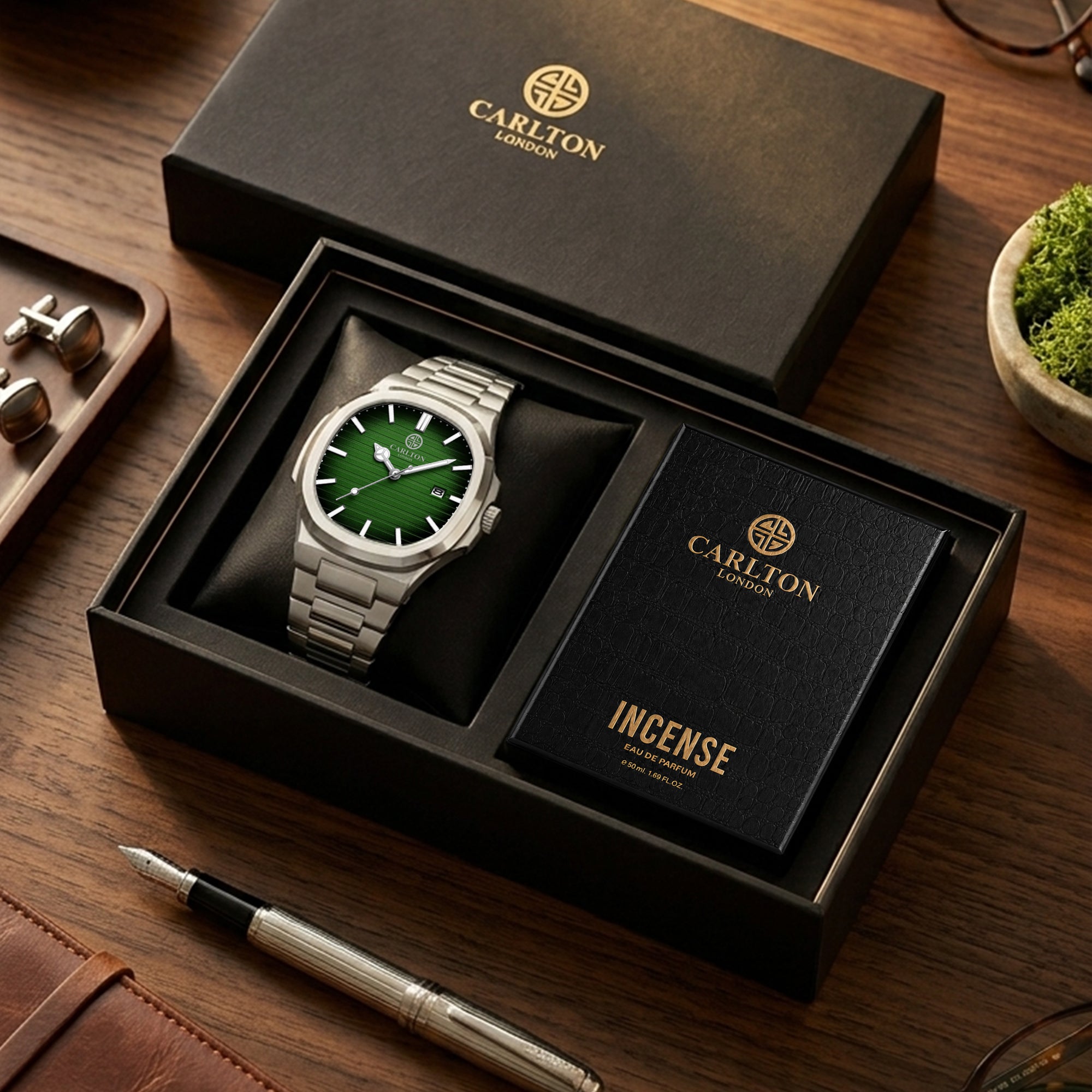 Carlton London Arthur Men’s Gift Set – Teal Dial Watch with Incense Perfume 50ml, Silver Strap – CLPLG129