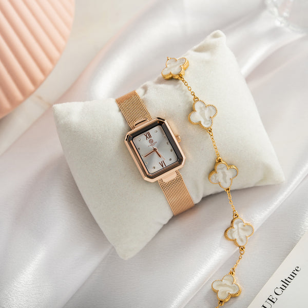 Women Gift (Set Of 2) - White Dial Watch + 1  Bracelets