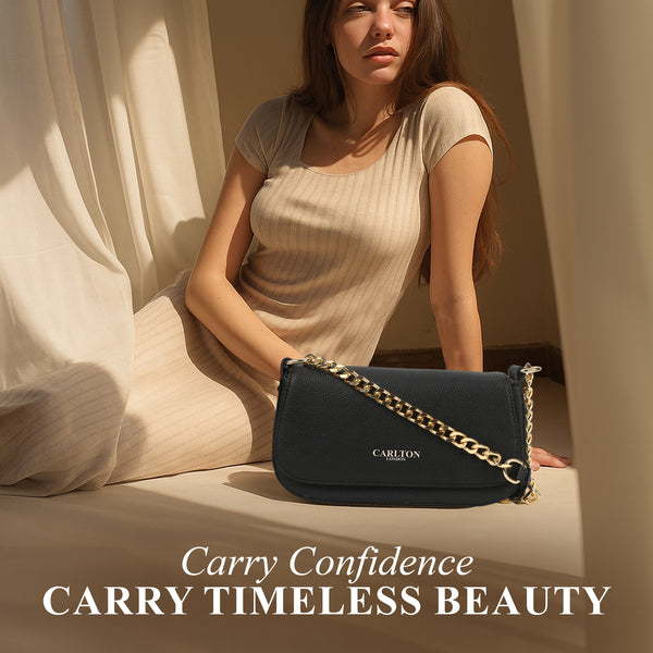 Carlton London Black Textured Gold Chain Handbag