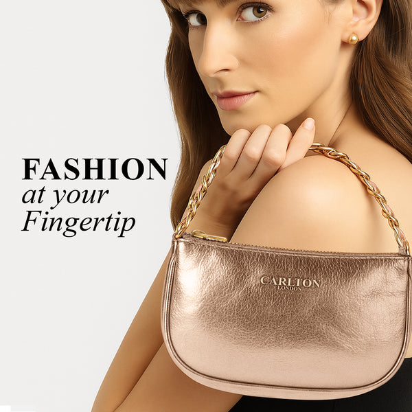 Carlton London Rose Gold Handbag with Gold Chain Strap