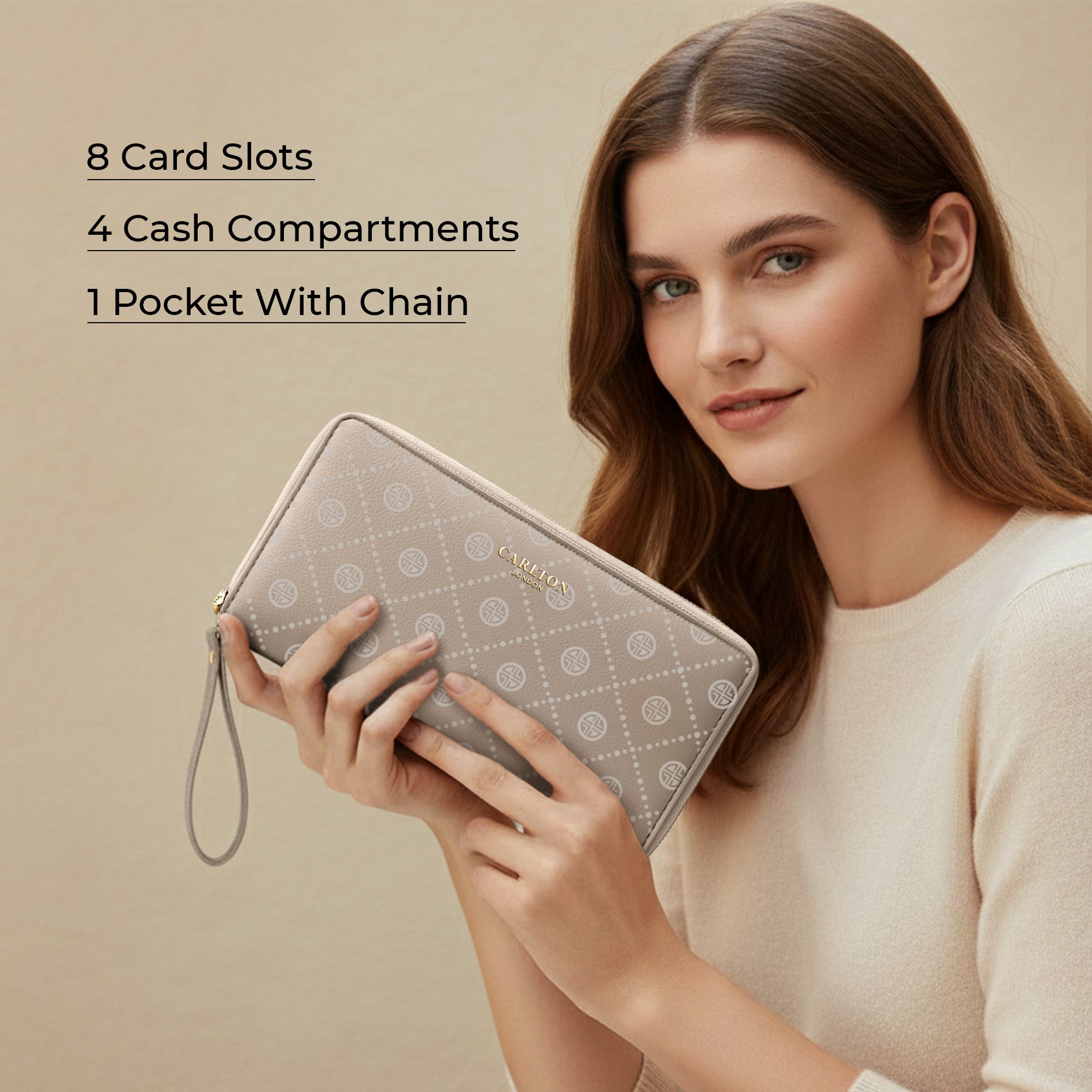 Carlton London Nude Printed Zip Around Wallet With Detachable Wrist Strap - CLHB-26