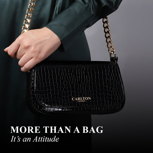Carlton London Glossy Black Crocodile-Patterned Crossbody Bag with Gold Chain Strap