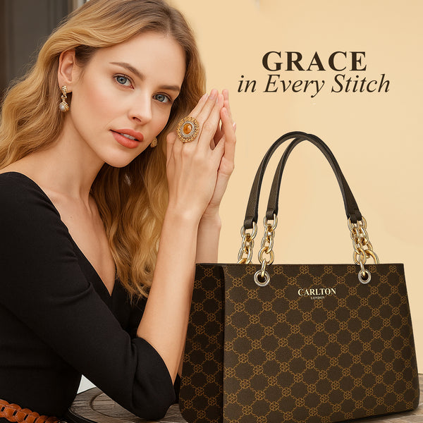 Carlton London brown Monogram Tote Bag with Gold Chain-Link Handles