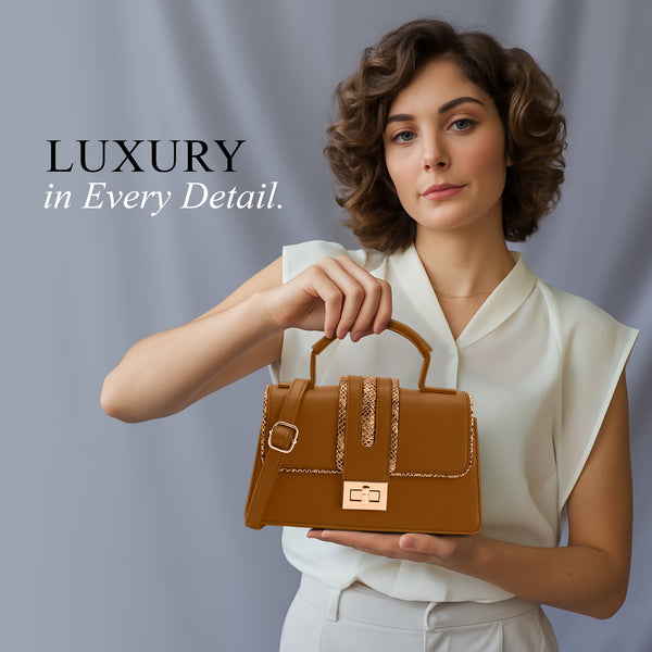 Carlton London Beige Structured Handbag with Metallic Detailing
