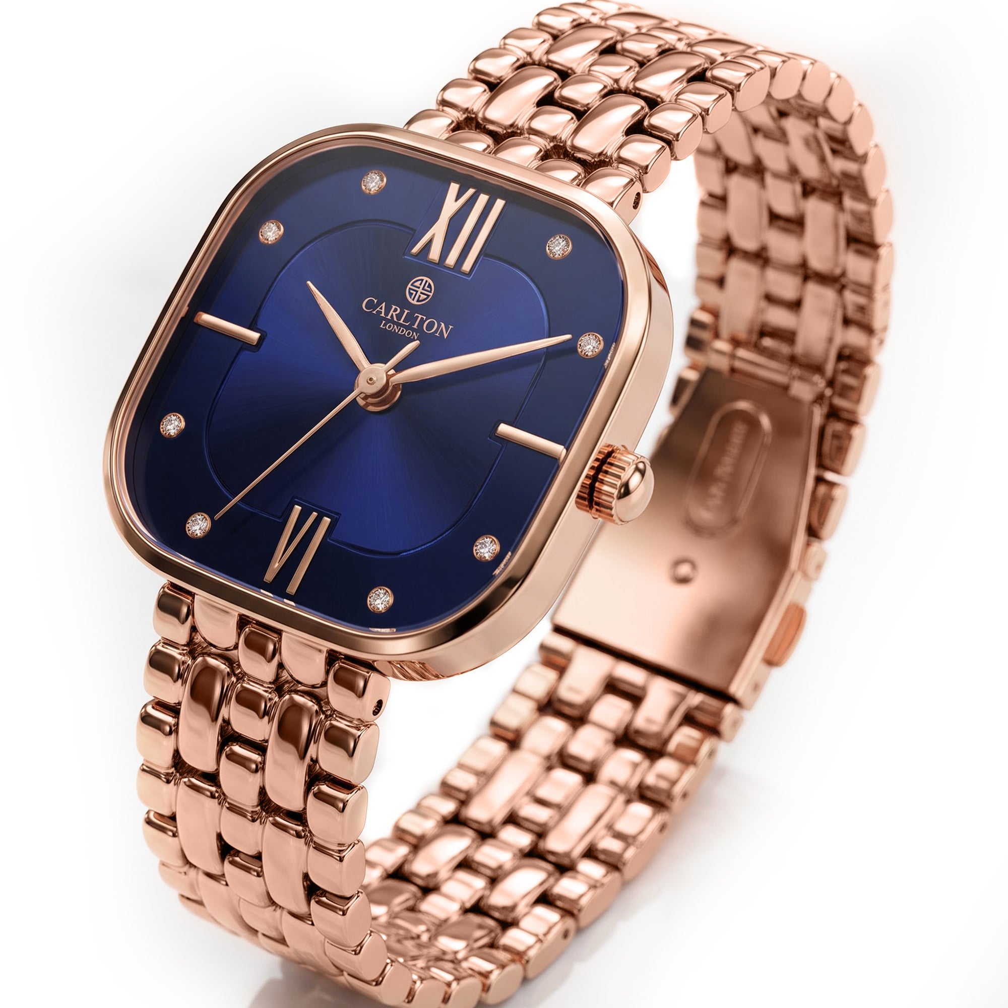 Carlton London Chelsea Women’s Watch – Blue Square Dial, Rose Gold Stainless Steel Strap – CLSSCBLU