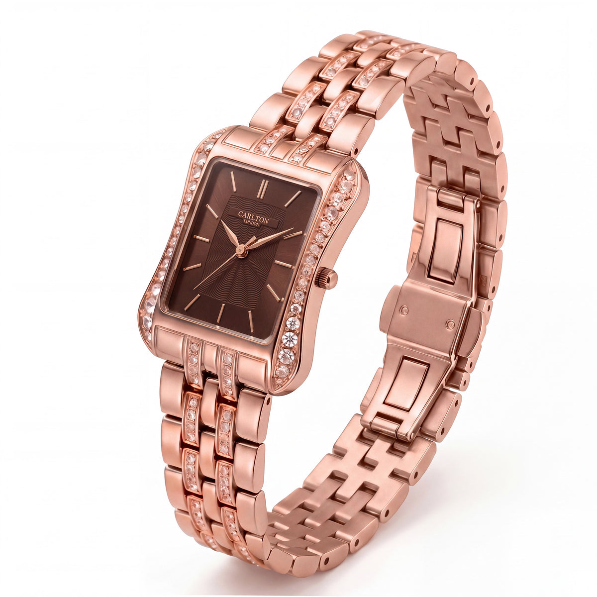 Carlton London Vivienne Women’s Watch - Brown Rectangle Dial, Rose Gold Stainless Steel Strap - CLVVRBRN