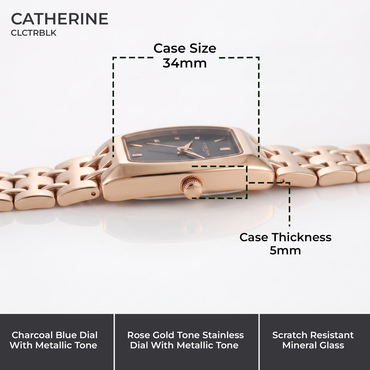 Carlton London Catherine Women’s Watch - Black Rectangle Dial, Rose Gold Stainless Steel Strap - CL-CT-RBLK