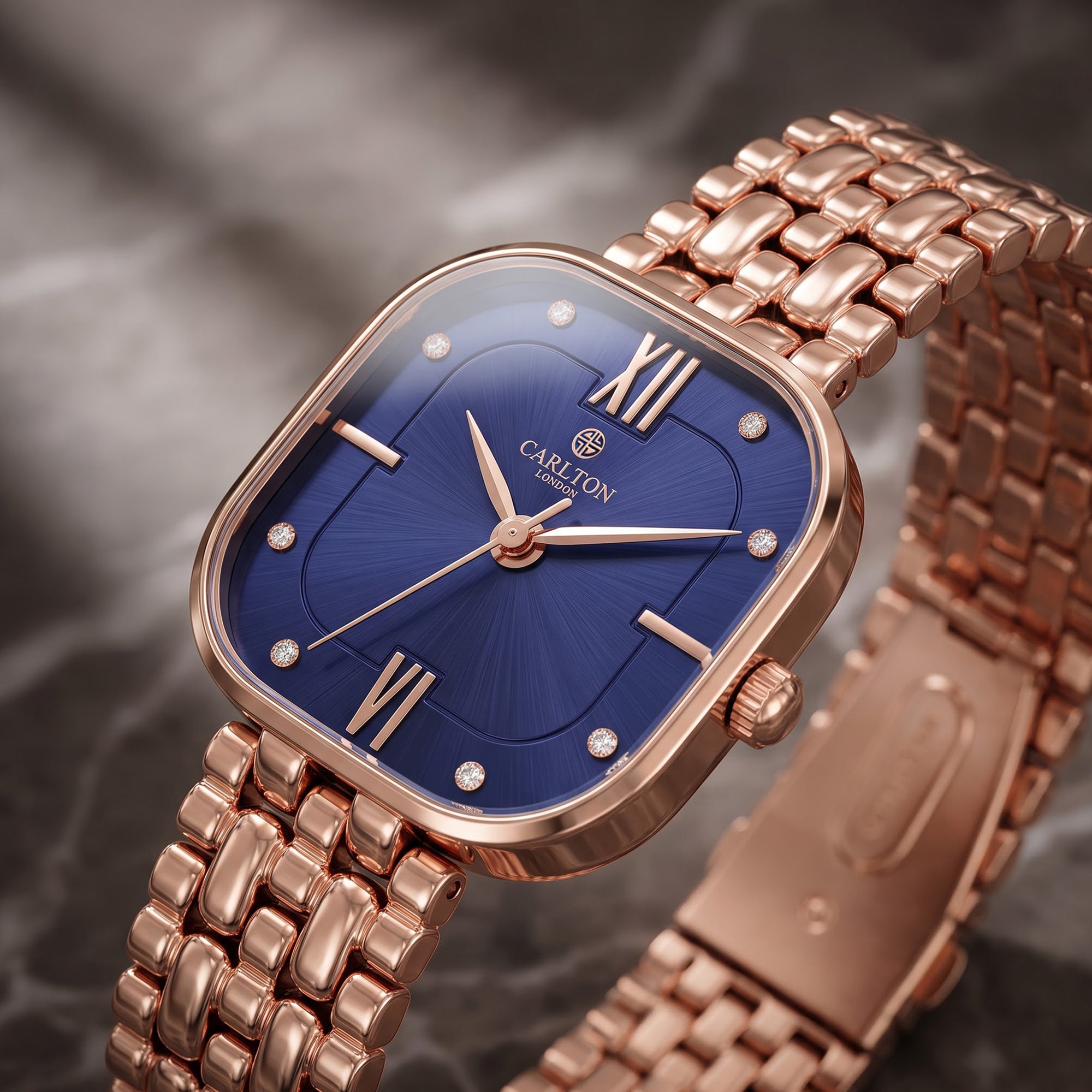 Carlton London Chelsea Women’s Watch – Blue Square Dial, Rose Gold Stainless Steel Strap – CLSSCBLU