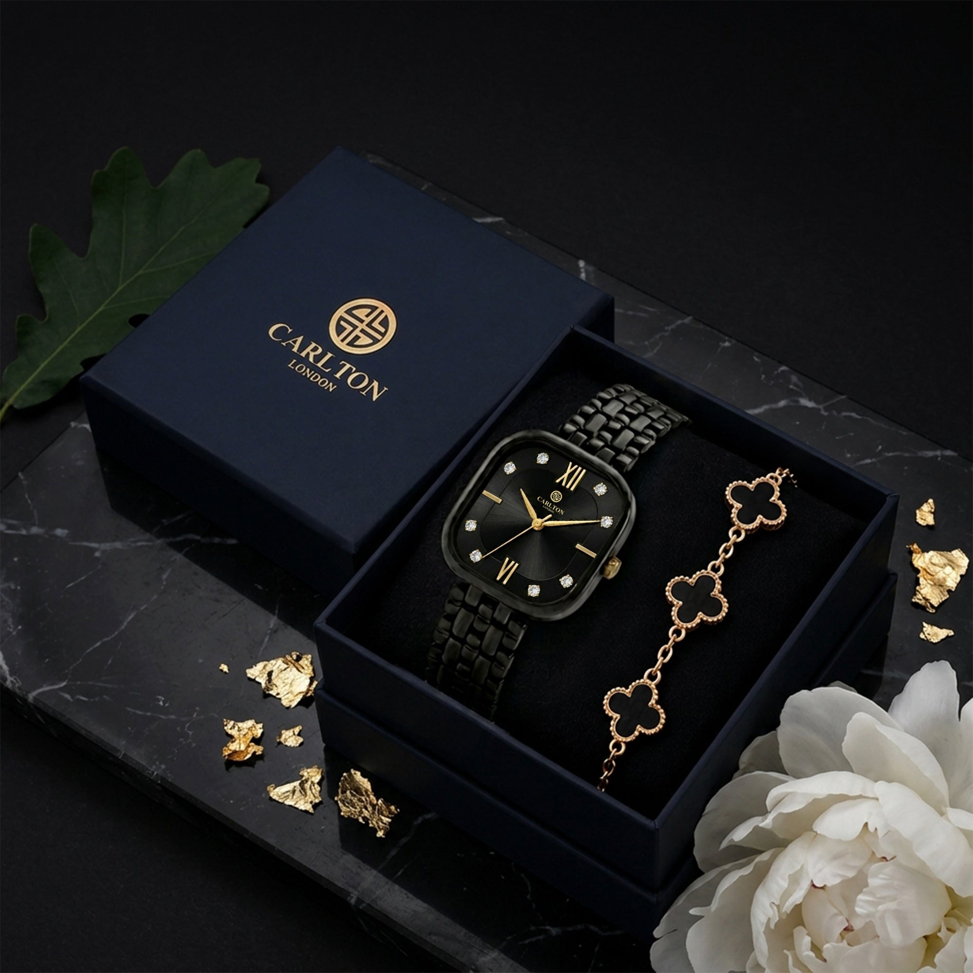Carlton London Chelsea Women’s Gift Set – Black Dial Watch with Black Leaf Bracelet, Black Strap – CLPLG136
