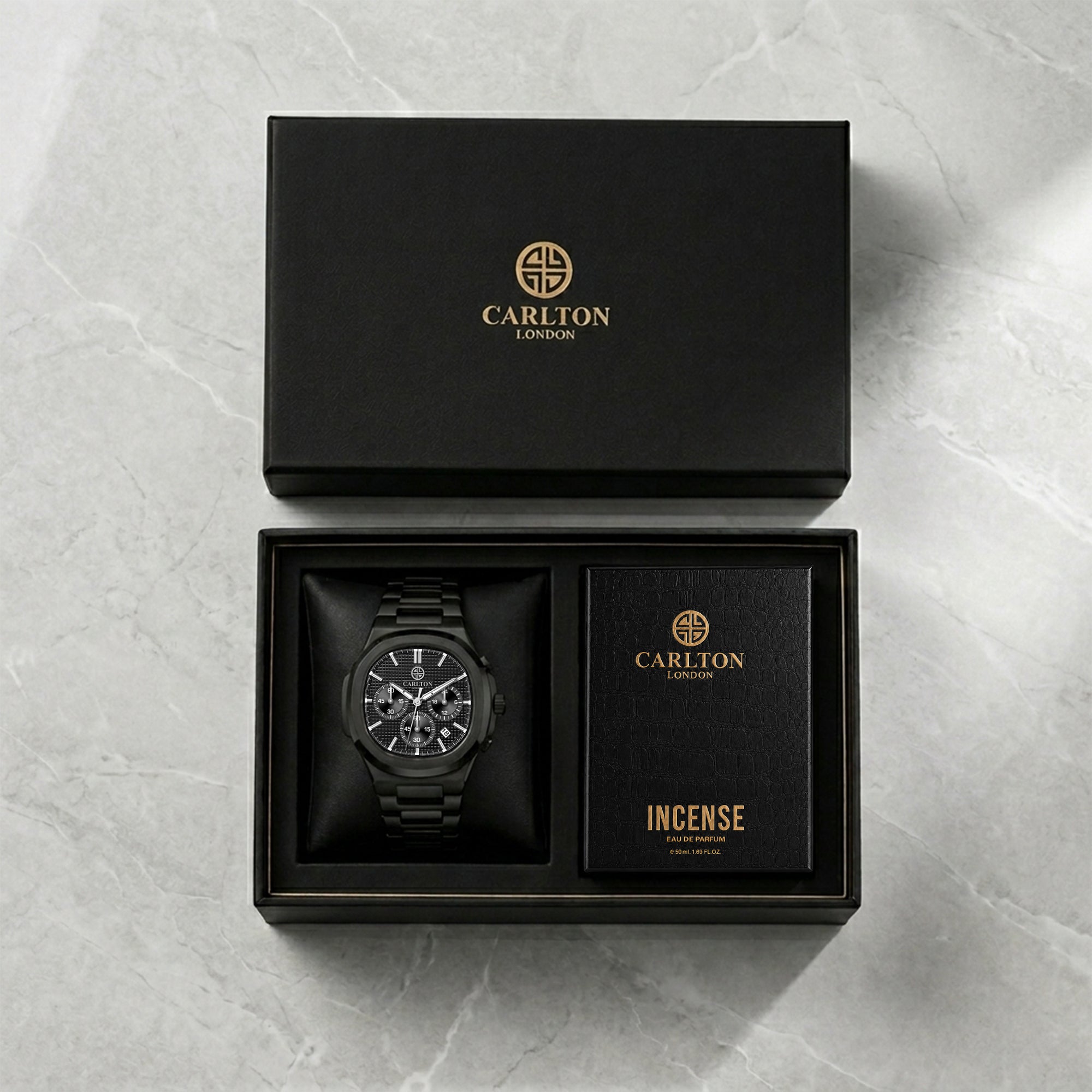Carlton London Parker Men’s Gift Set – Black Chronograph Watch with Incense Perfume 50ml, Black Strap – CLPLG144