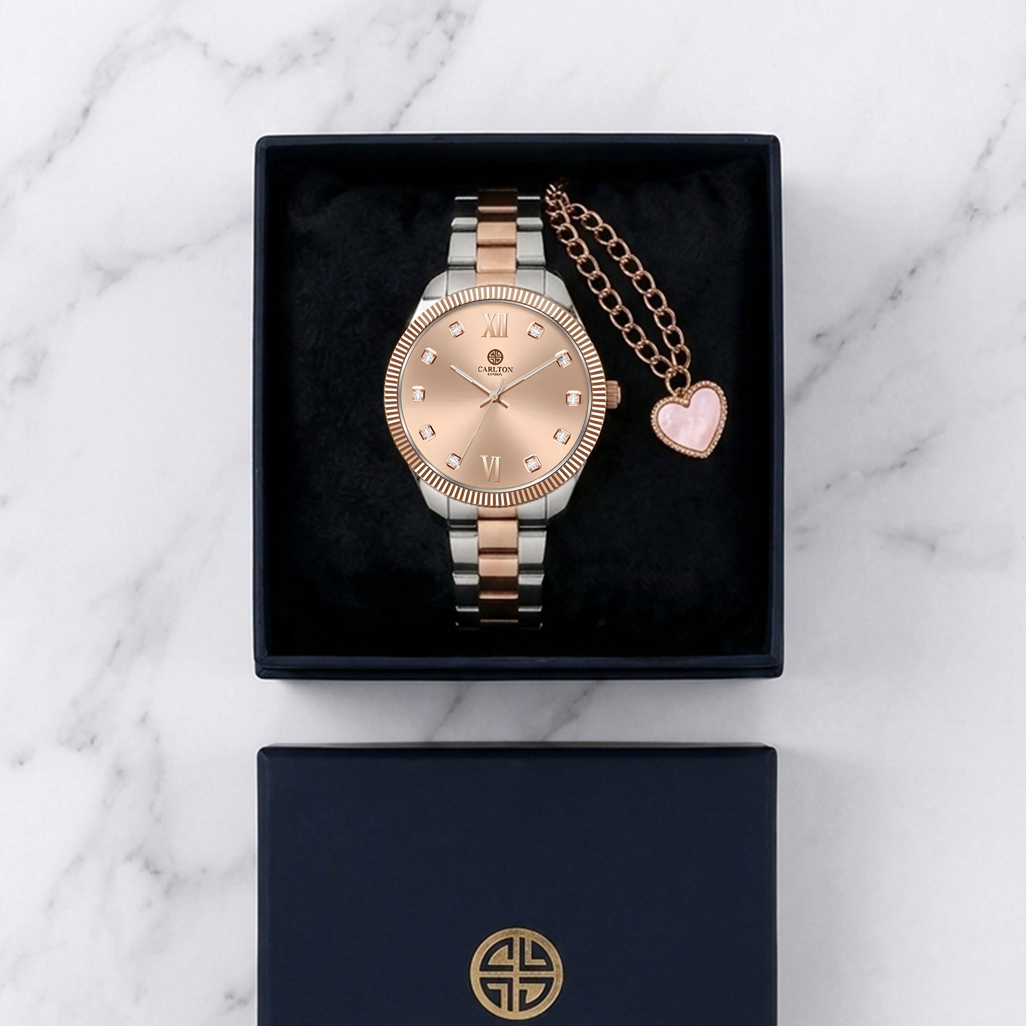 Carlton London Harper Vintage Women’s Gift Set – Rose Gold Dial Watch with Heart Charm Bracelet, Two Tone – CLPLG138