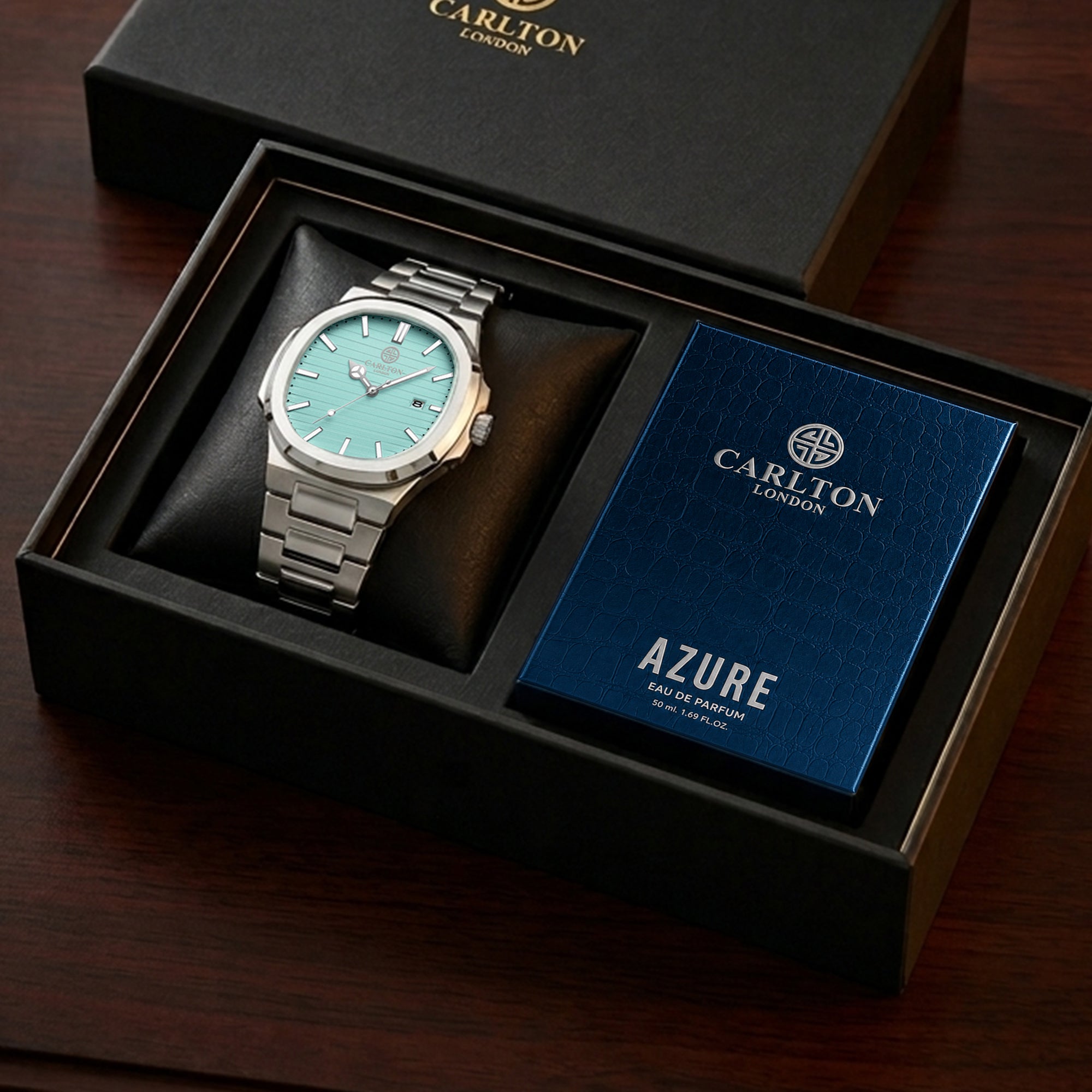 Carlton London Arthur Men’s Gift Set – Teal Dial Watch with Azure Perfume 50ml, Silver Strap – CLPLG128