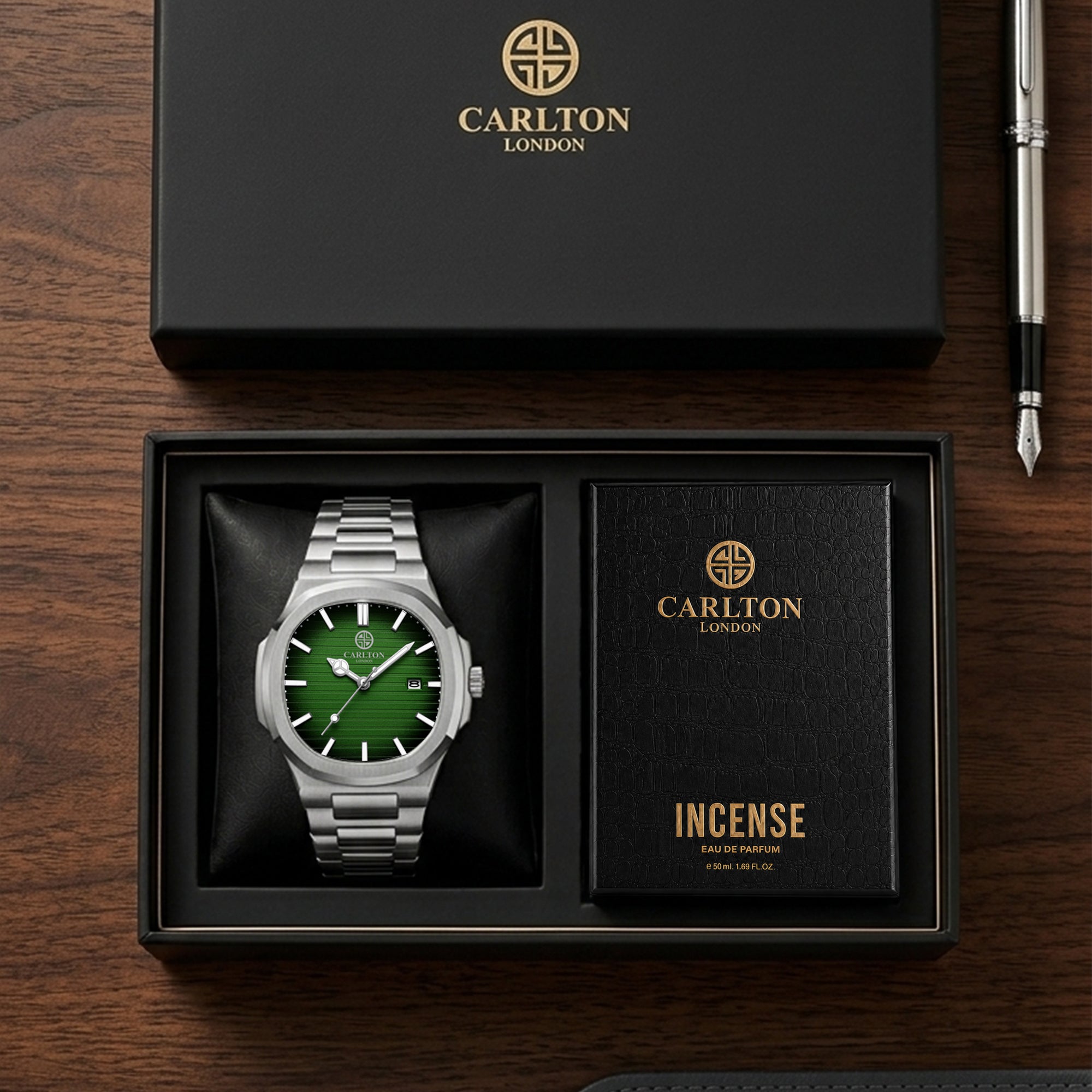 Carlton London Arthur Men’s Gift Set – Teal Dial Watch with Incense Perfume 50ml, Silver Strap – CLPLG129