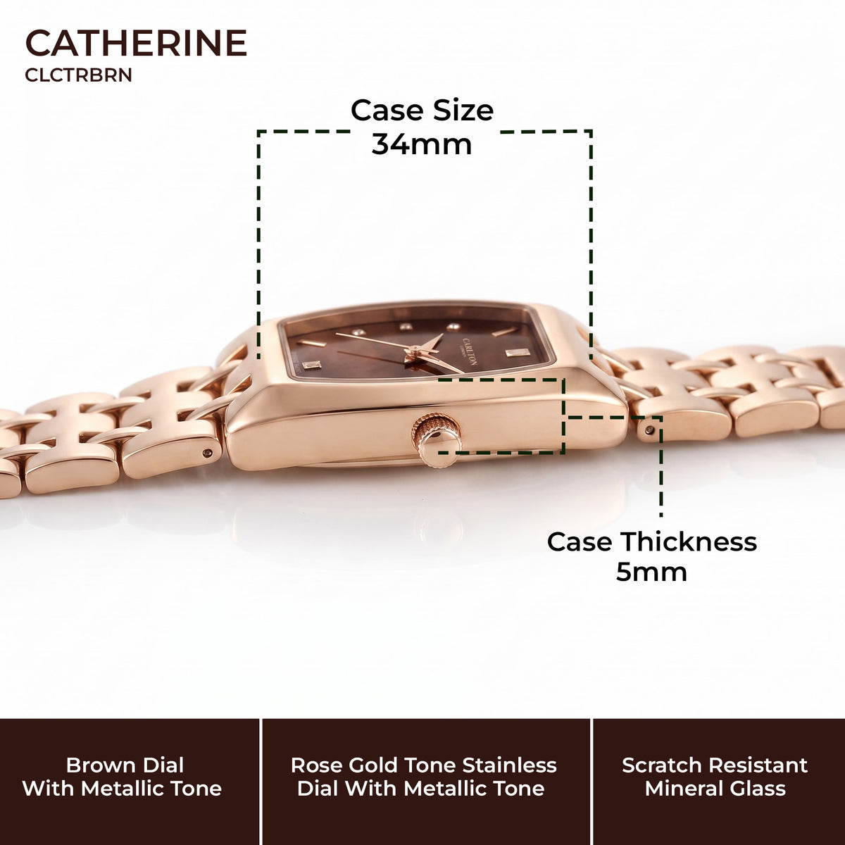 Carlton London Catherine Women’s Watch - Brown Rectangle Dial, Rose Gold Stainless Steel Strap - CL-CT-RBRN