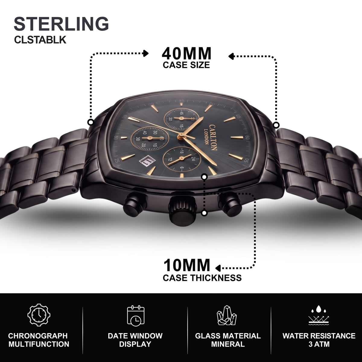 Carlton London Sterling Men’s Watch - Black Square Dial, Black Stainless Steel Strap - CLSTABLK