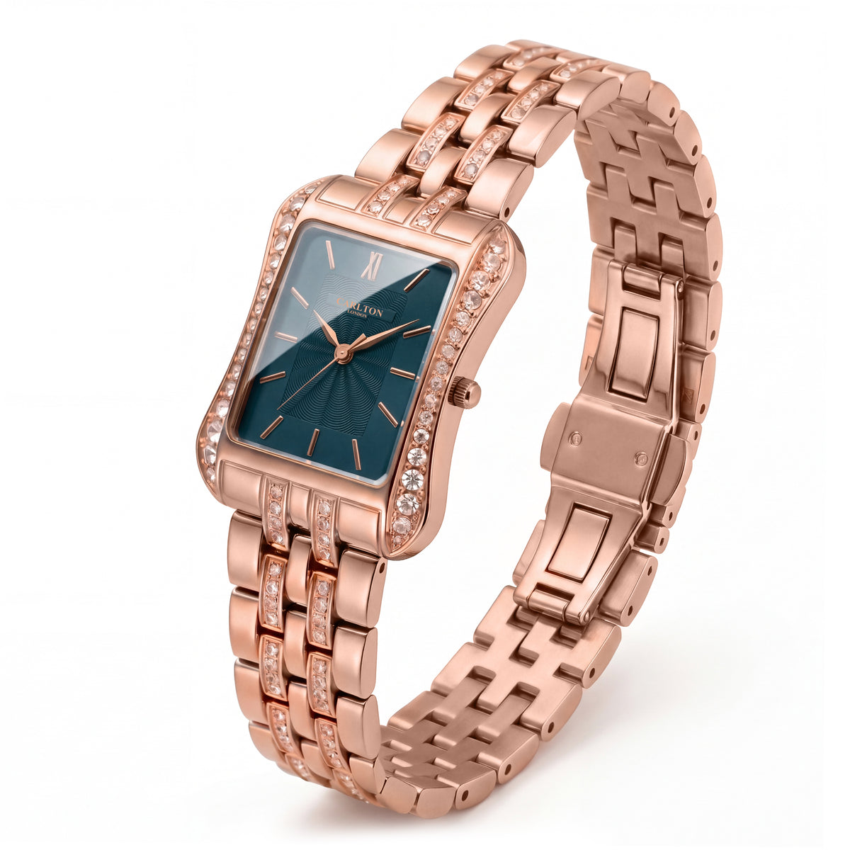 Carlton London Vivienne Women’s Watch - Teal Rectangle Dial, Rose Gold Stainless Steel Strap - CLVVRTEL