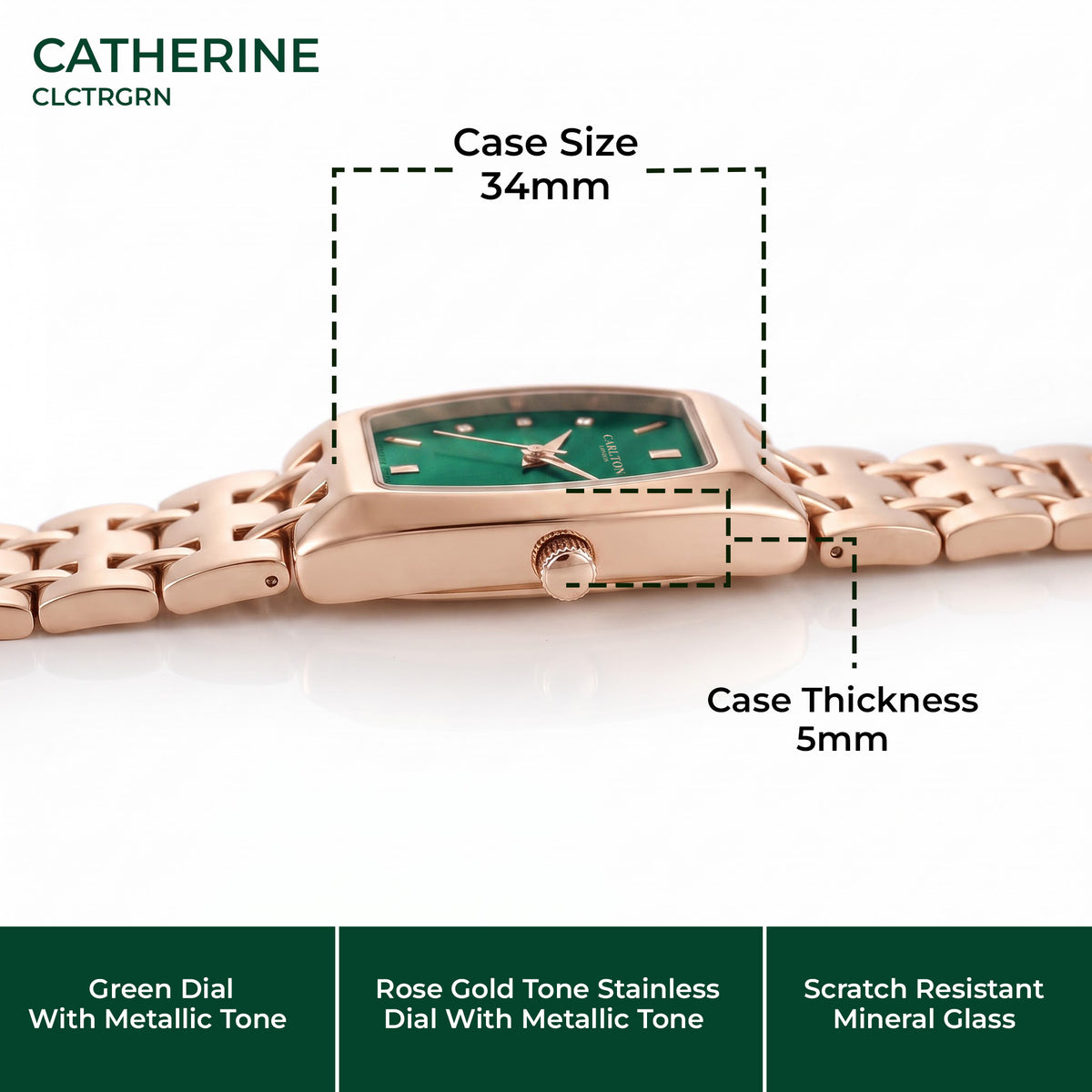 Carlton London Catherine Women’s Watch - Green Rectangle Dial, Rose Gold Stainless Steel Strap - CL-CT-RGRN