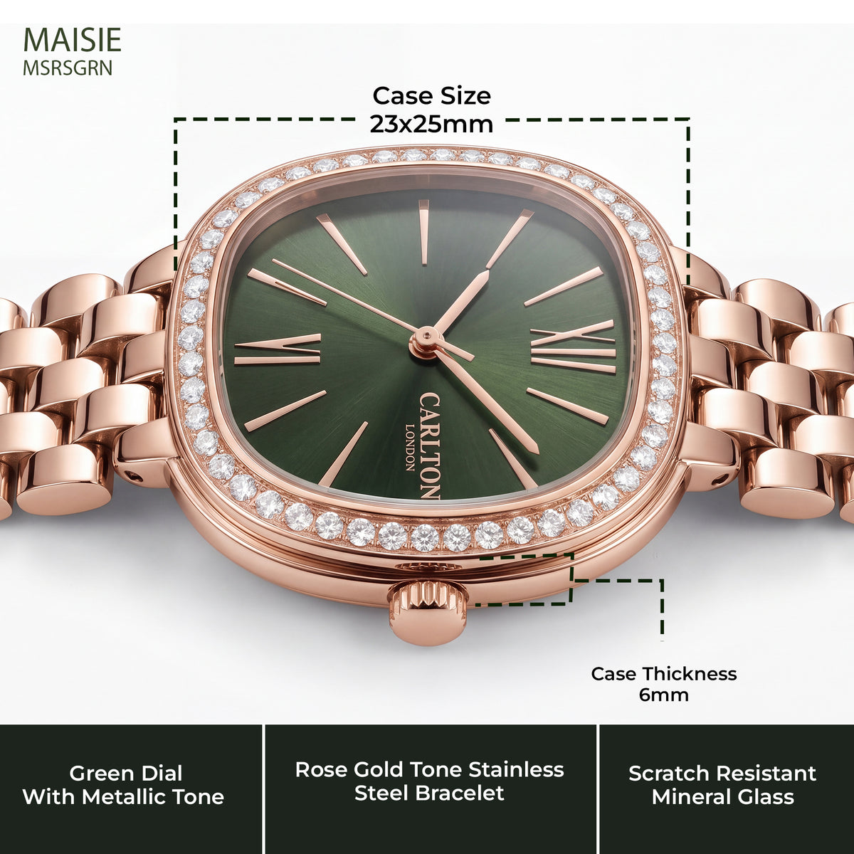 Carlton London Maisie Women’s Watch - Green Rectangle Dial, Rose Gold Stainless Steel Strap - MSRSGRN