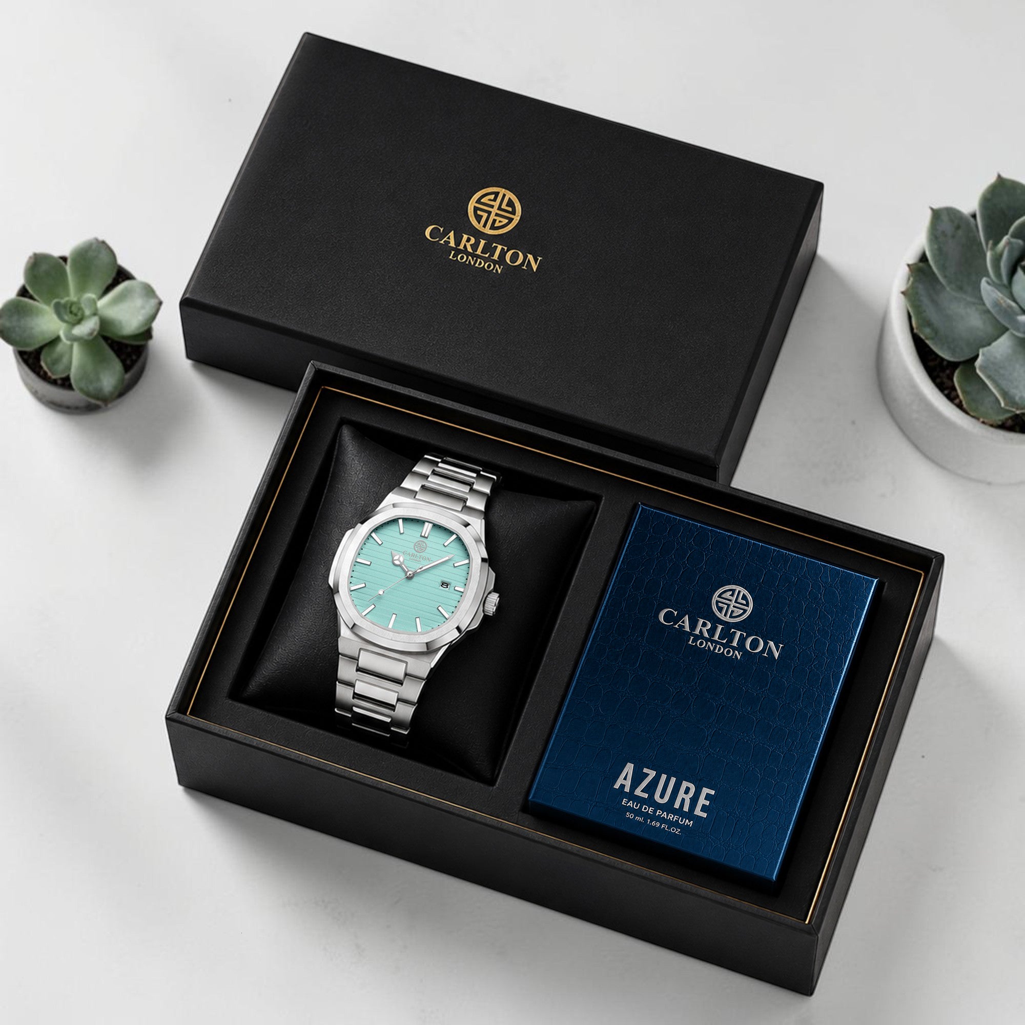 Carlton London Arthur Men’s Gift Set – Teal Dial Watch with Azure Perfume 50ml, Silver Strap – CLPLG128