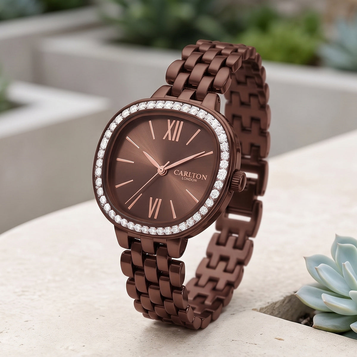 Carlton London Maisie Women’s Watch - Brown Rectangle Dial, Brown Stainless Steel Strap - MSSBBRN