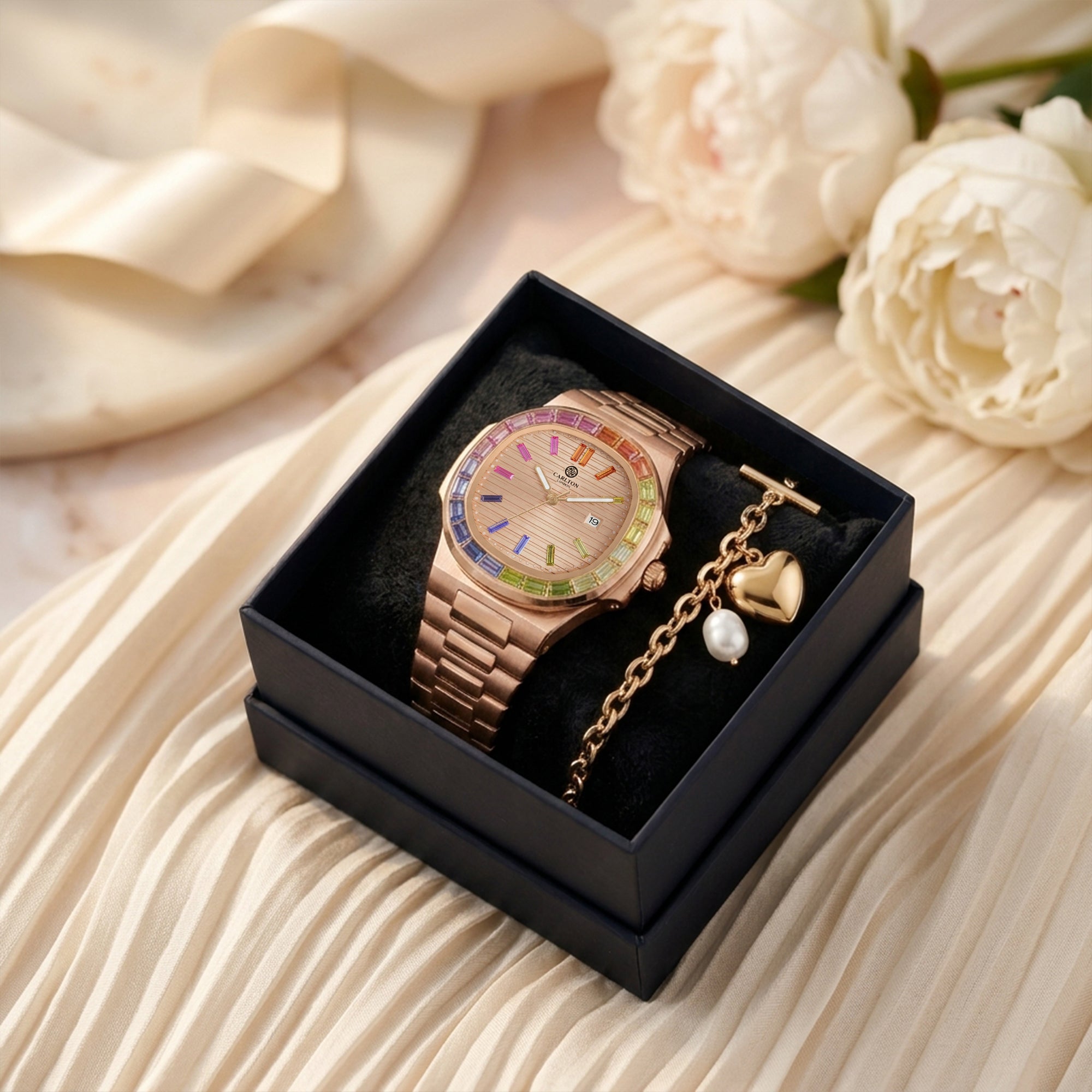 Carlton London Grace Women’s Gift Set – White Dial Watch with Heart Pearl Bracelet, Rose Gold – CLPLG137