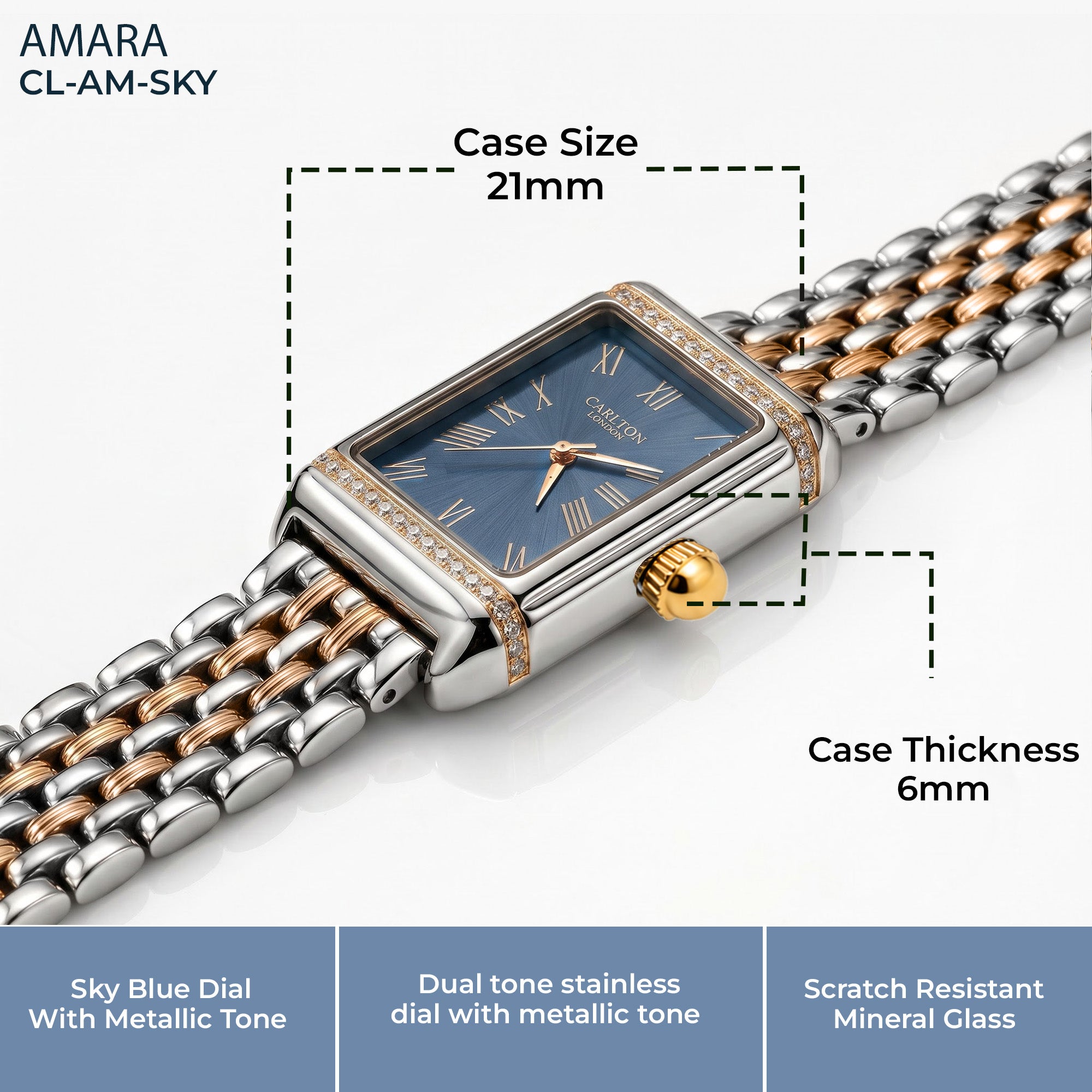 Carlton London Amara Women’s Watch – Sky Blue Rectangle Dial, Metal Strap – CL-AM-SKY