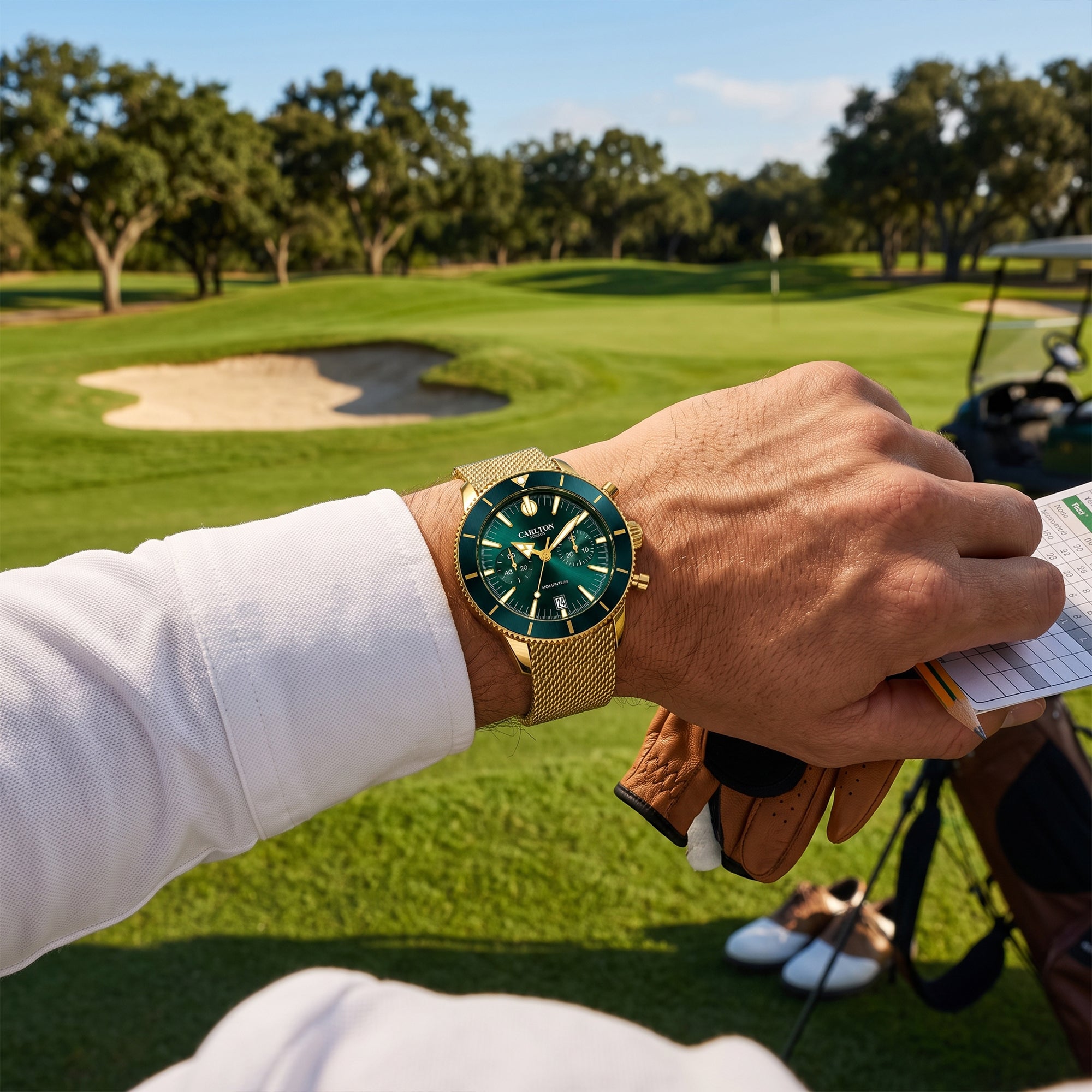 Carlton London Momentum Men’s Watch – Green Round Dial, Gold Stainless Steel Strap – CL-MT-GGRN