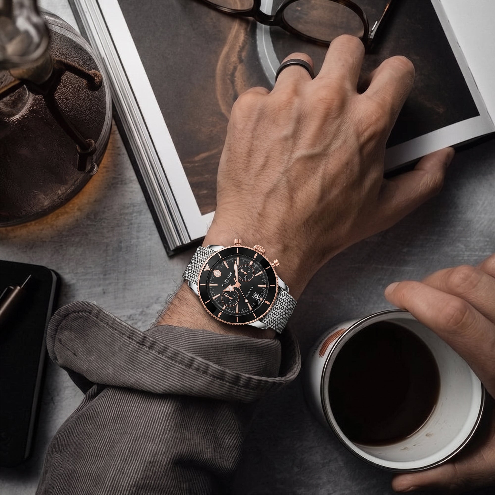 Carlton London Momentum Men’s Watch – Black Round Dial, Silver Stainless Steel Strap – CL-MT-BLK