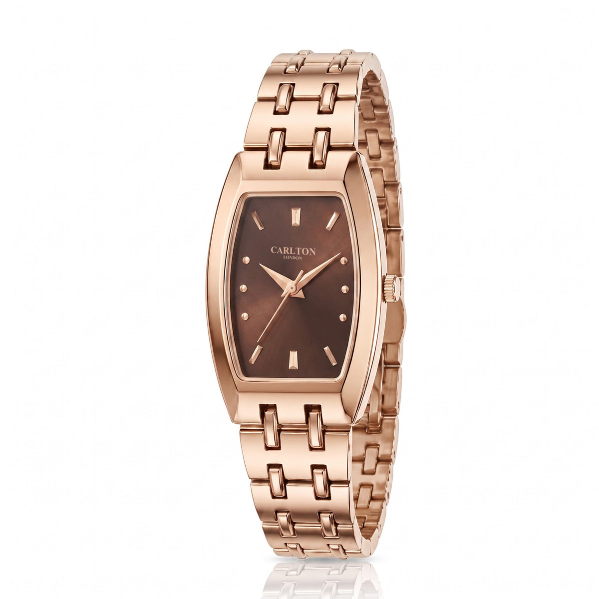 Carlton London Catherine Women’s Watch - Brown Rectangle Dial, Rose Gold Stainless Steel Strap - CL-CT-RBRN